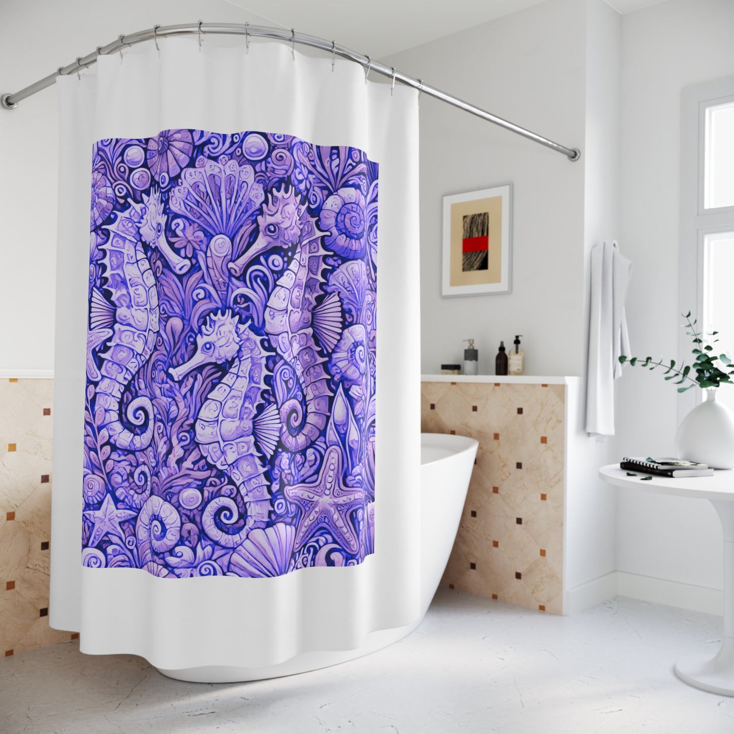Tropical Shower Curtain - Ocean Bathroom Decor / Seahorse Trio Amethyst/White