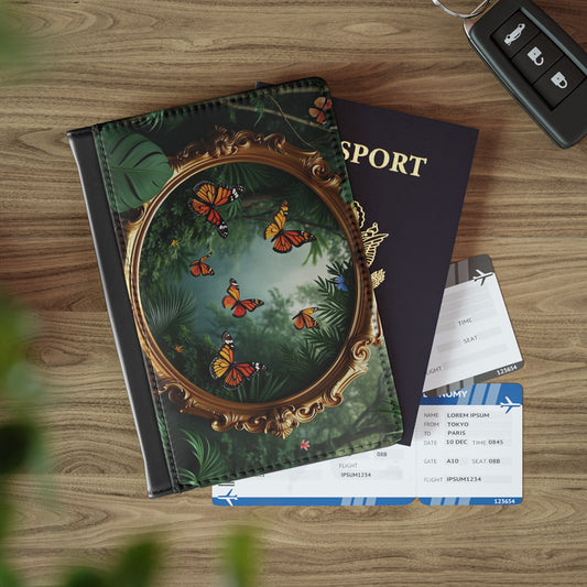 Tropical Passport Cover, Faux Leather - RFID blocking for travel security / Framed Monarch Gathering