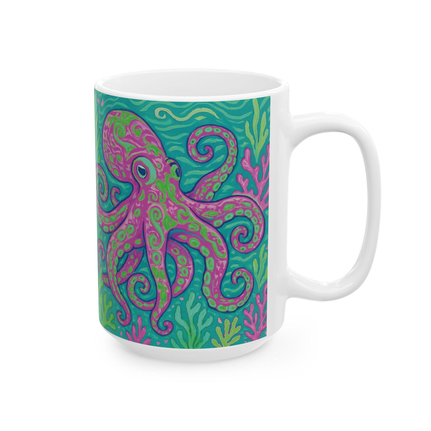 Ceramic White Mug - 11oz & 15oz, Purple Octopus Kraken Joe