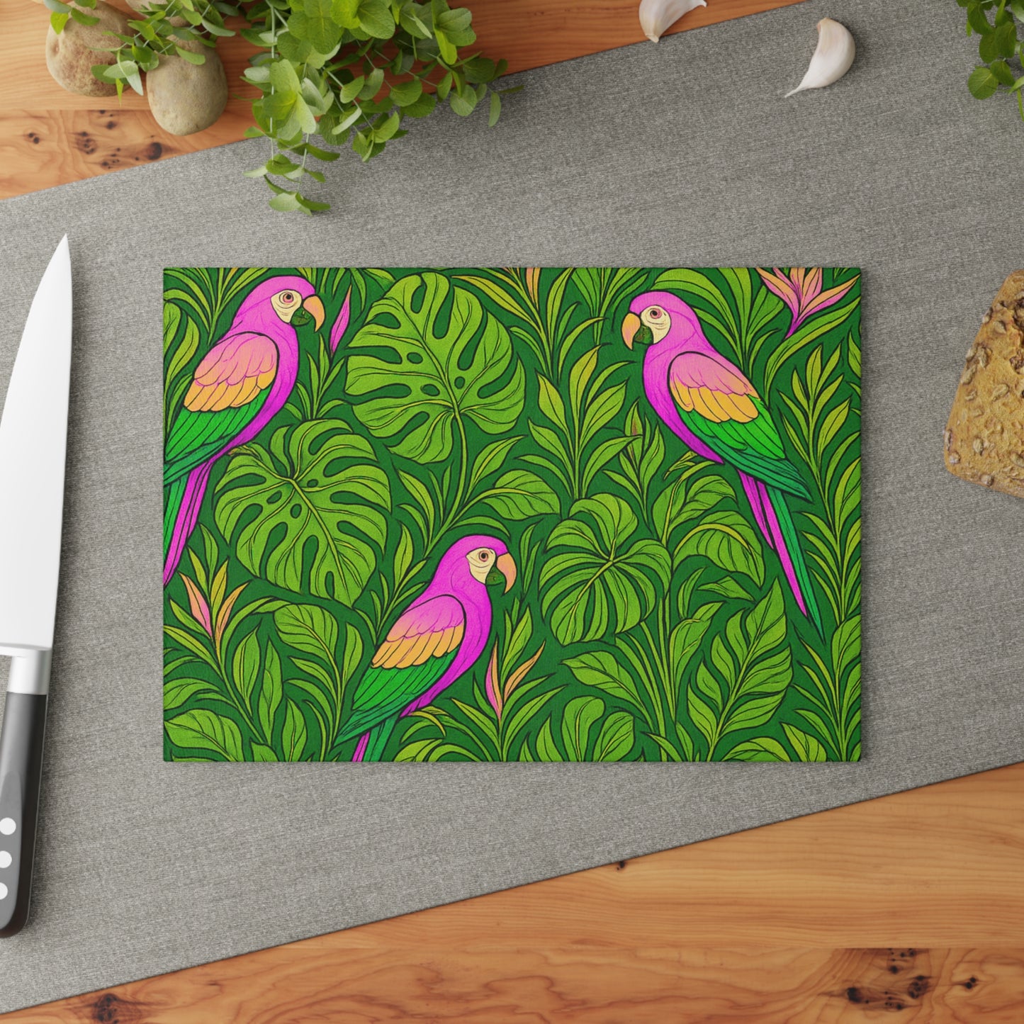 Glass Cutting Board, 2 sizes - Parrot Family/Pink