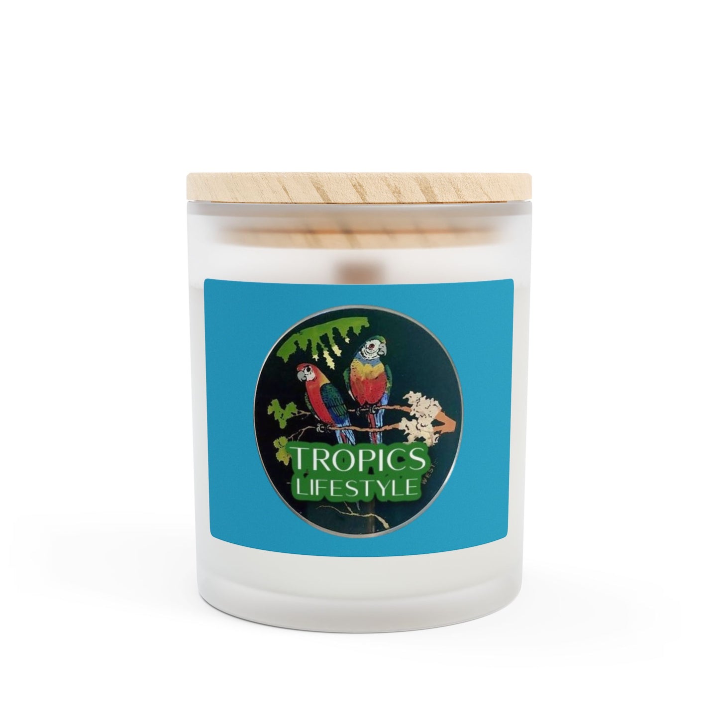 Frosted Glass Candle, 11oz - Two Brazilian Parrots, Turquoise