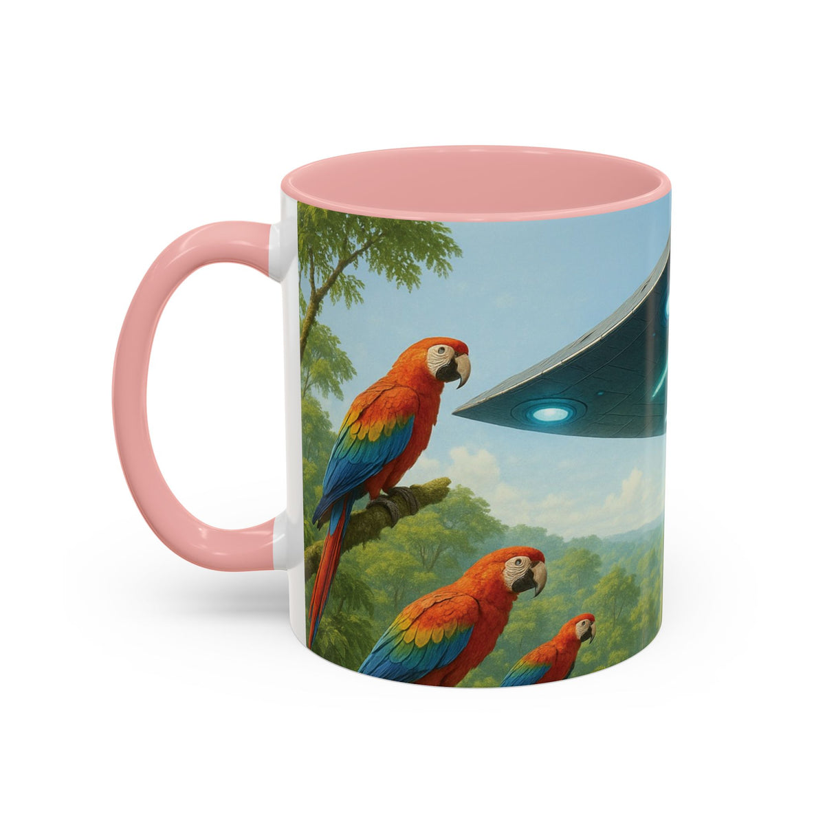 Accent Coffee Mug (11, 15oz), 8 Colors - UFO and Macaws