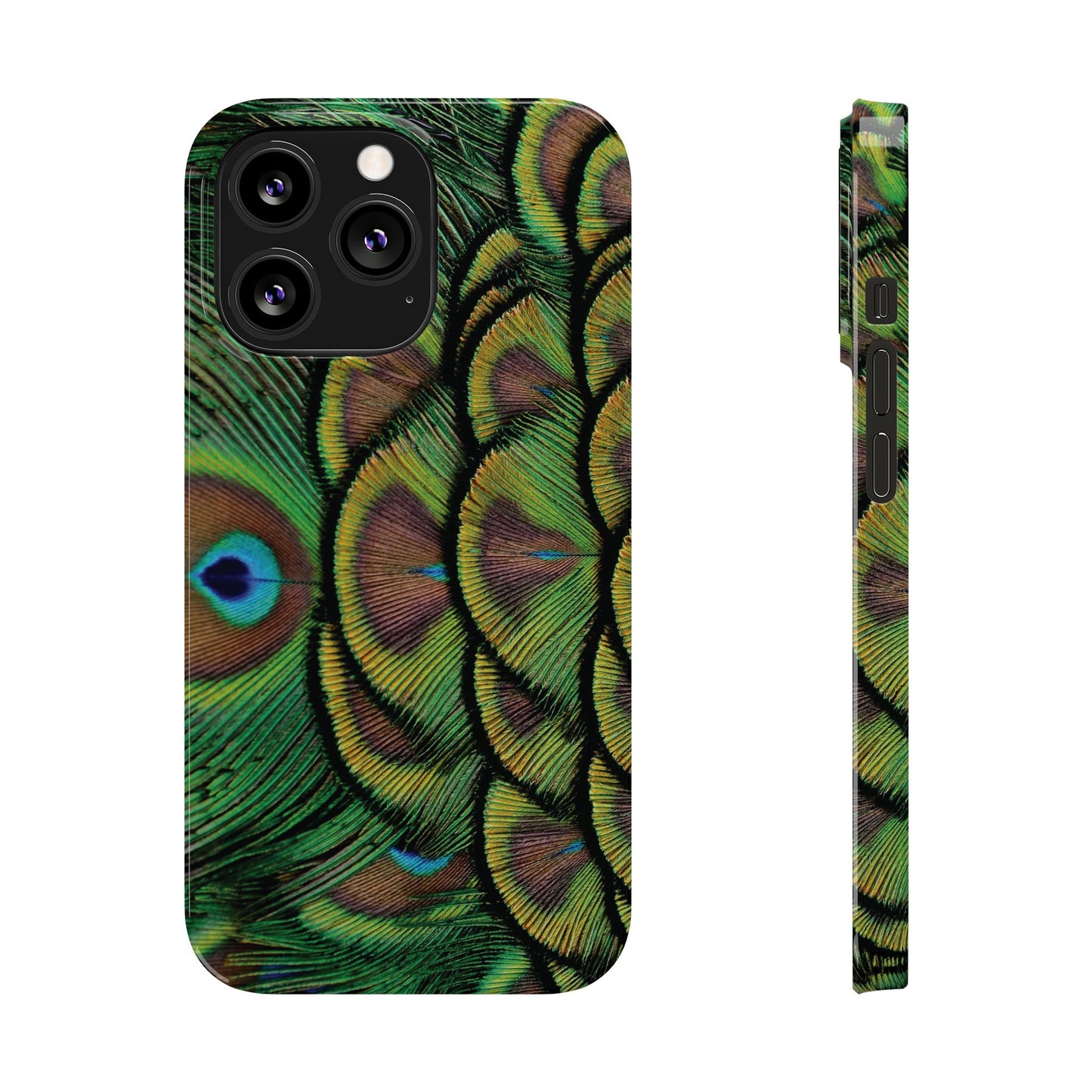 Slim Phone Cases - Brilliant Green Peacock Feathers