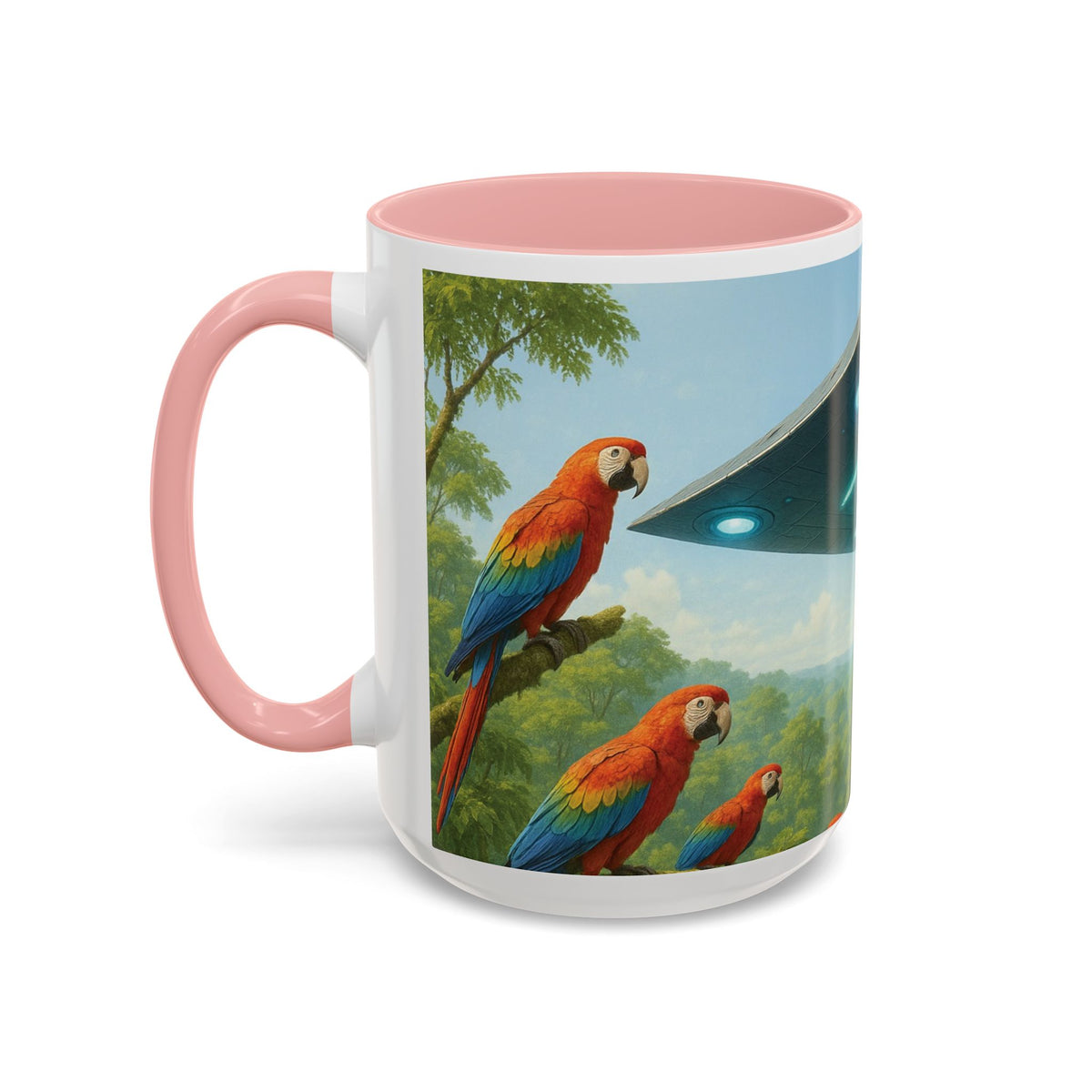 Accent Coffee Mug (11, 15oz), 8 Colors - UFO and Macaws