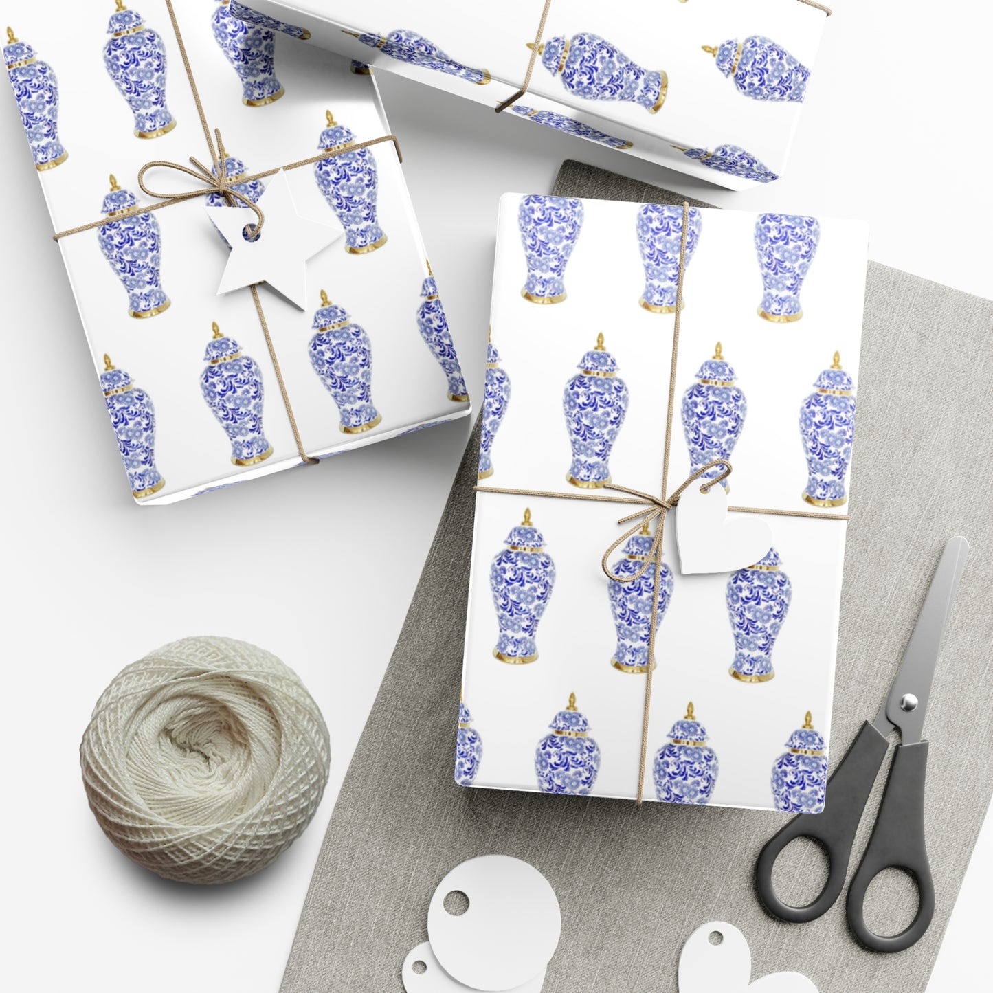 Wrapping Paper - Tropical Gift Wrap for All Occasions / 3 Sizes, 2 Finishes / Blue and White Ginger Jar