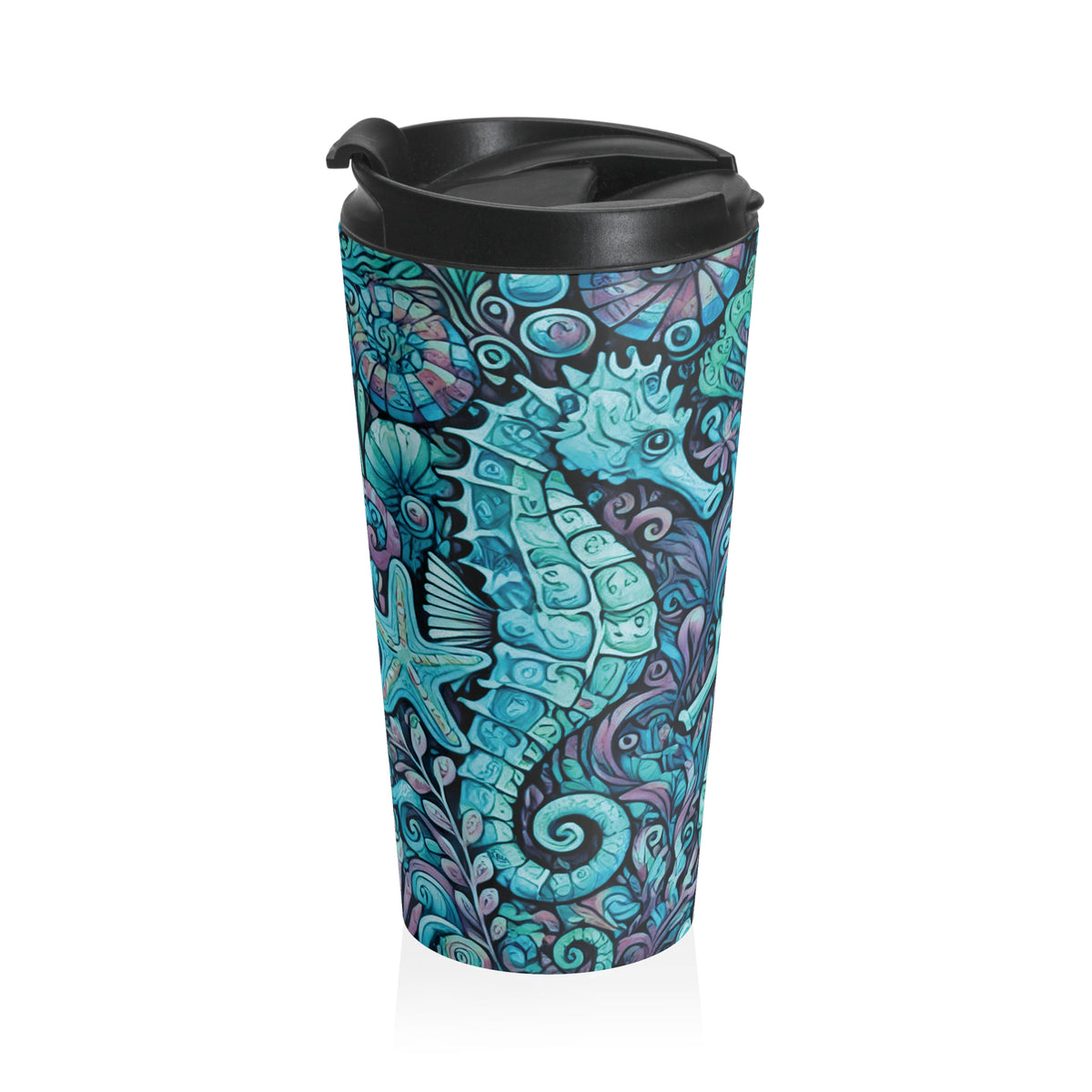 15 oz. Stainless Steel Travel Mug / Seahorse Trio, Turquoise