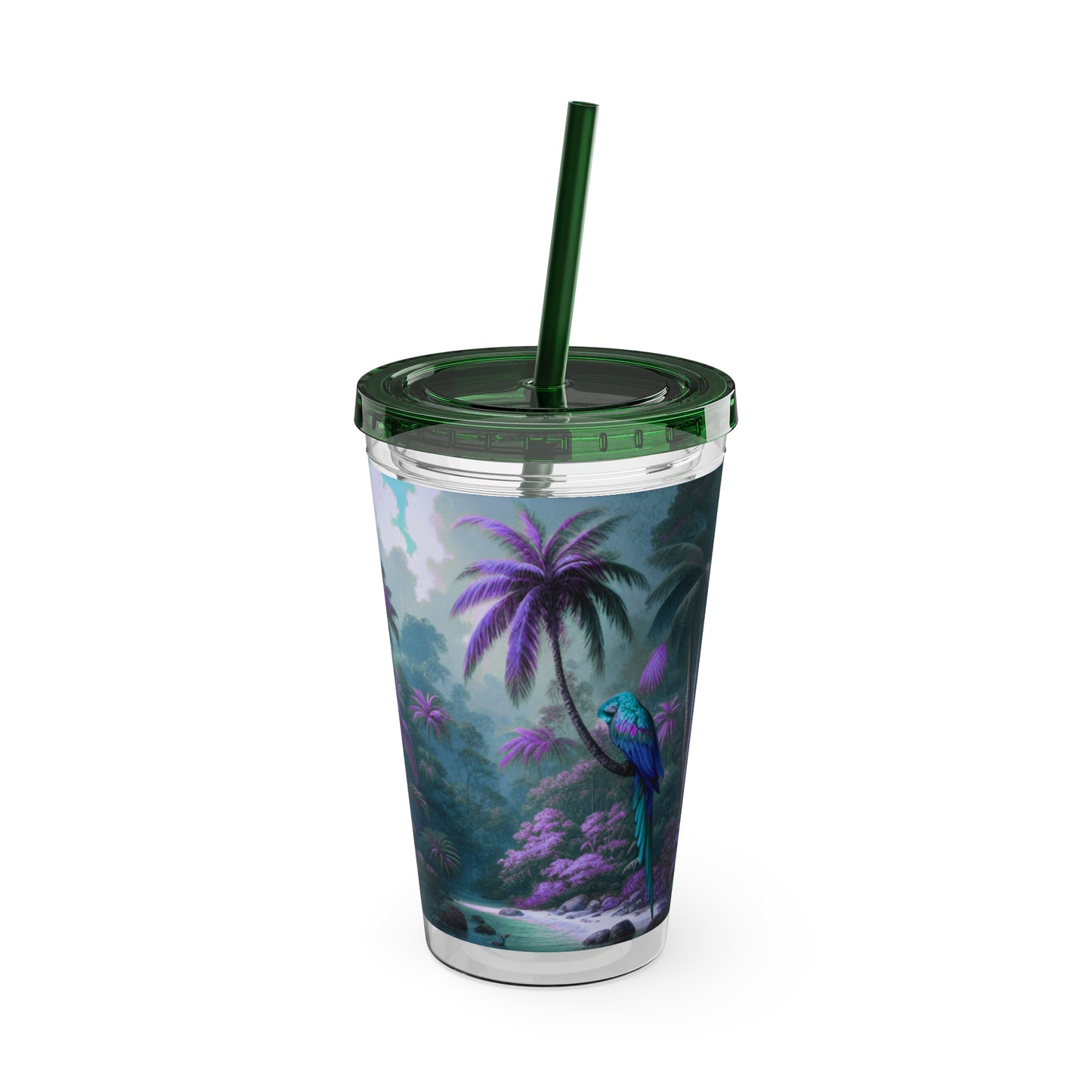 Tropical Tumbler with Straw | 16oz Colorful Travel Cup / Sleeping Parrot/Fantasy