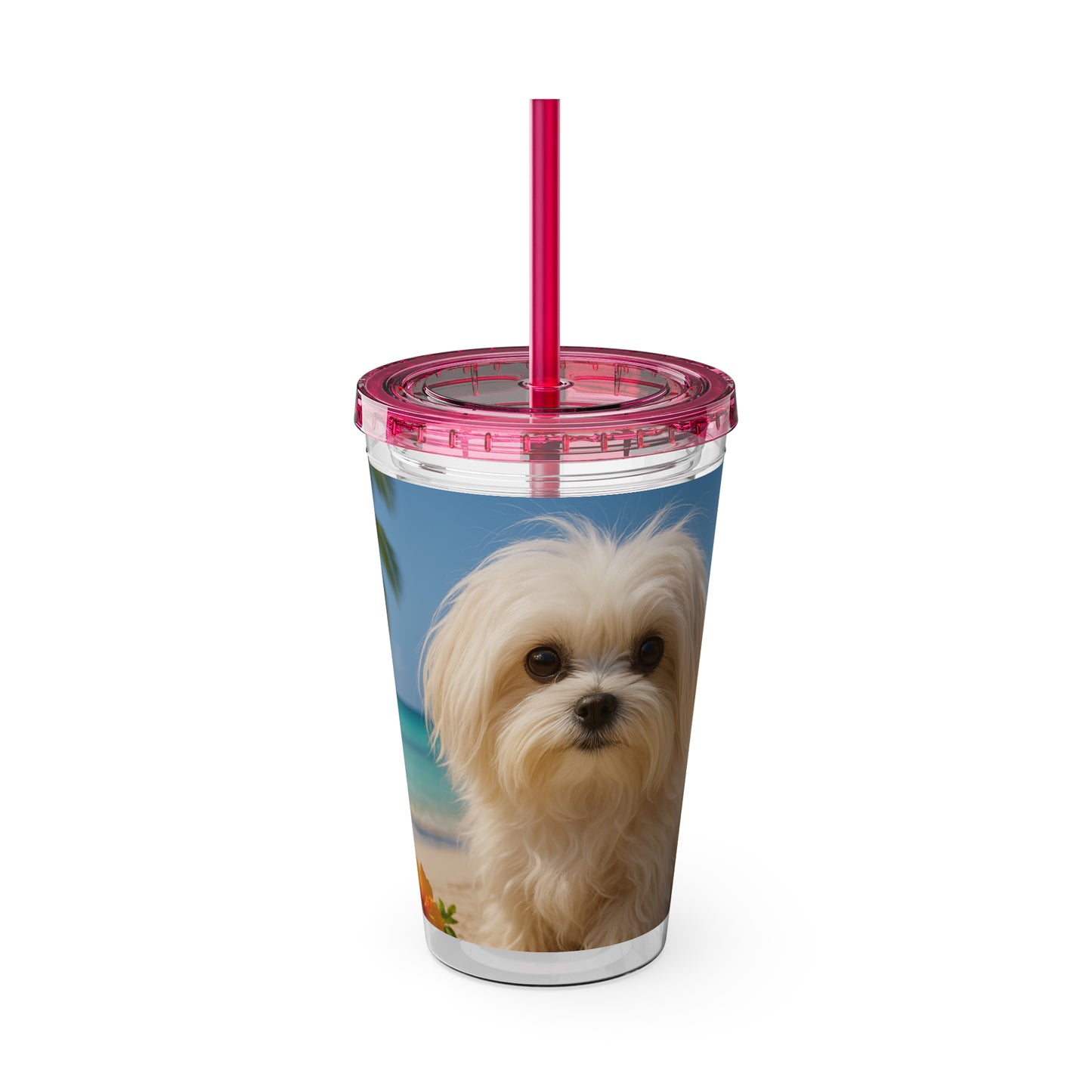 Tropical Tumbler with Straw | 16oz Colorful Travel Cup / Puppy Ariel at the Beach