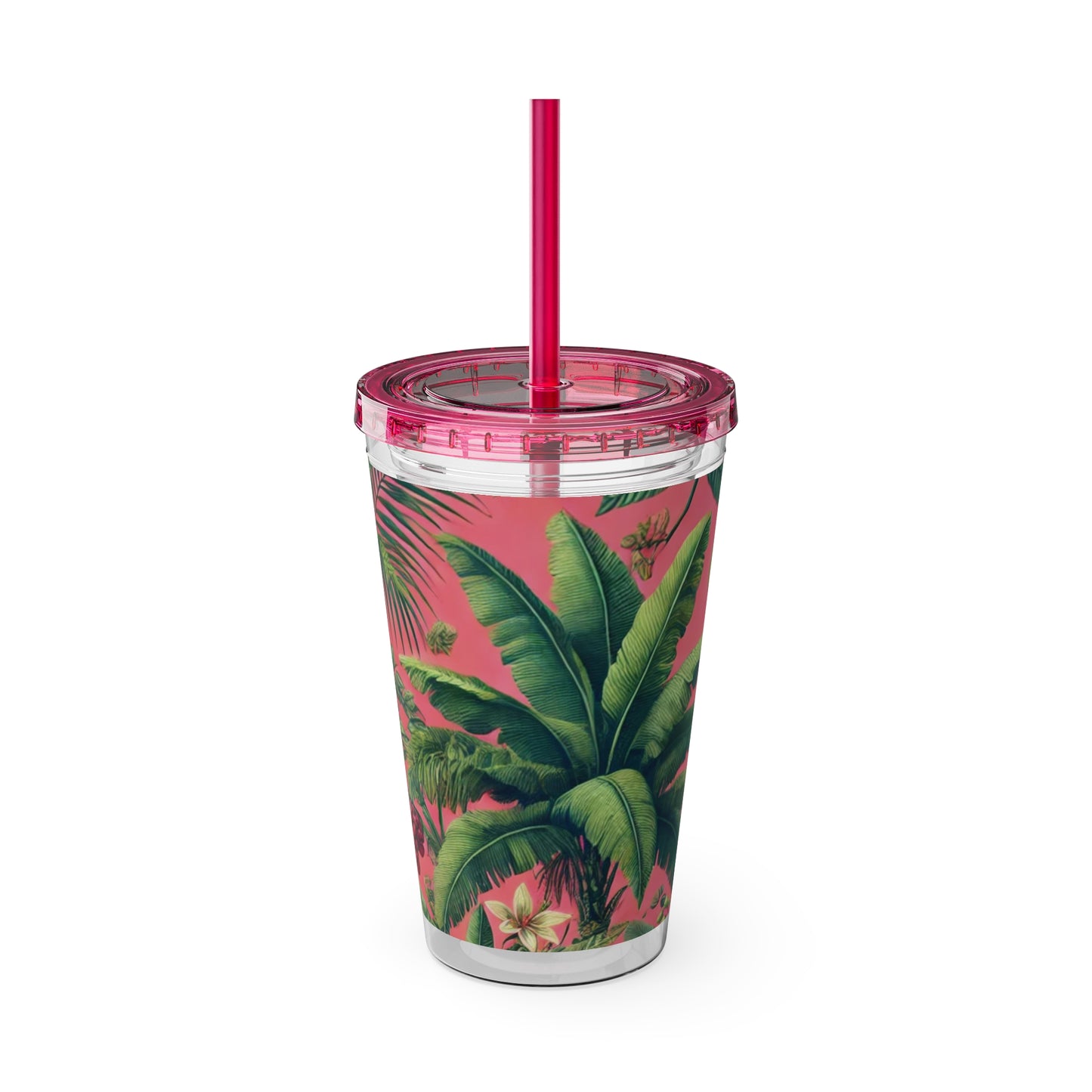 Tropical Tumbler with Straw | 16oz Colorful Travel Cup / More Tropical Fruit, Coral