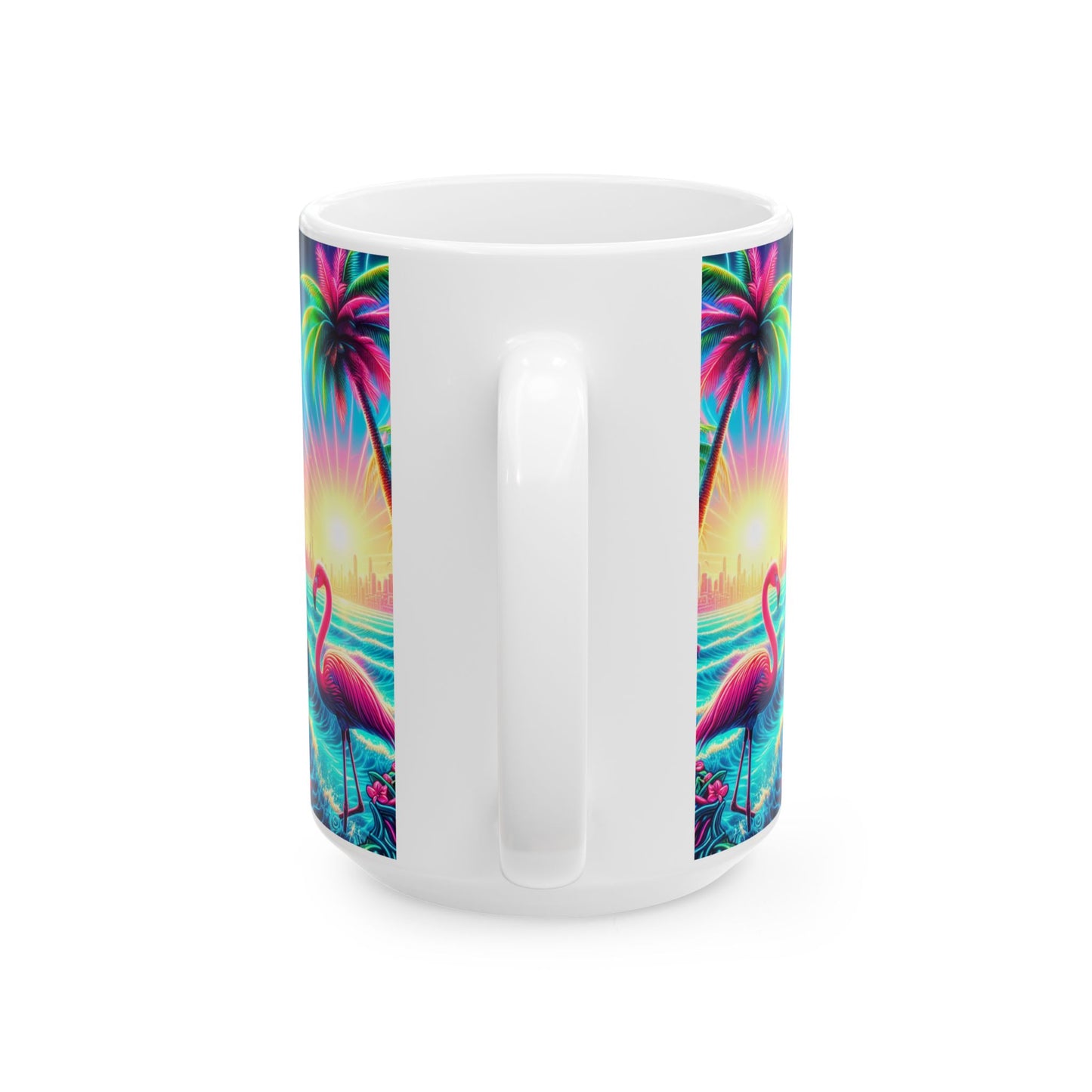 Ceramic White Mug - 11oz & 15oz, / Pop Art Flamingo Beach