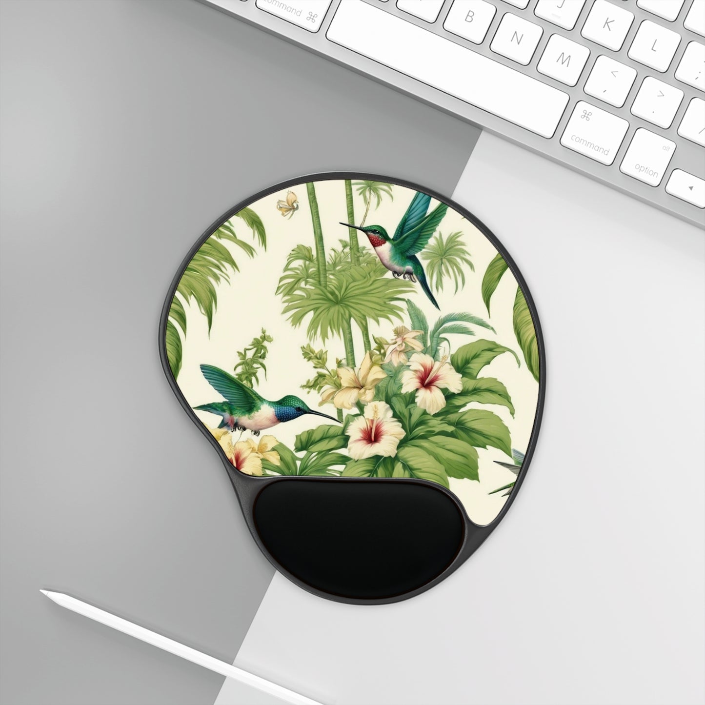 Mouse Pad With Wrist Rest, Hummingbirds & Flowers, Buttercream