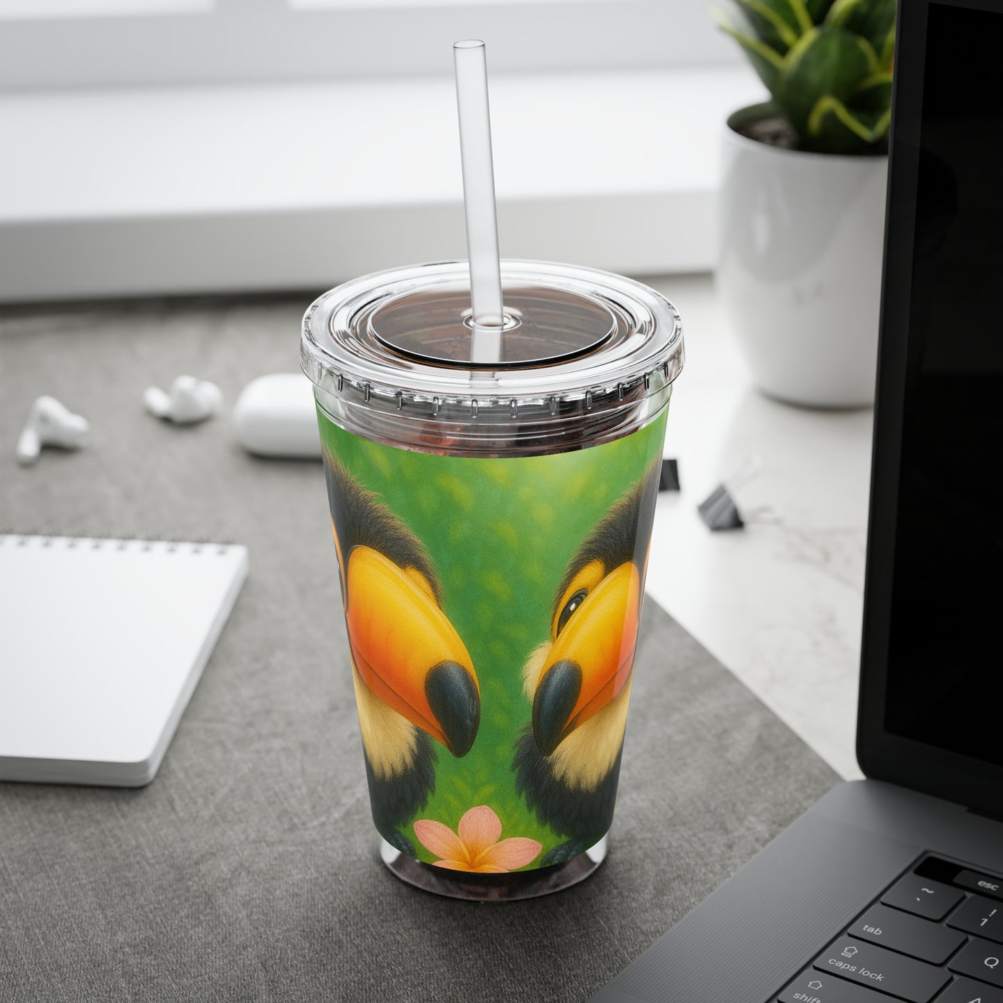 Tropical Tumbler with Straw | 16oz Colorful Travel Cup / Baby Toucans