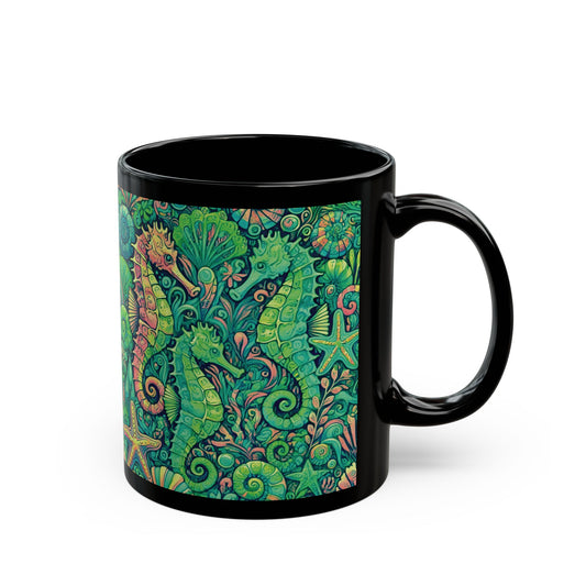 Black Coffee Mug - Seahorse Trio, Lime