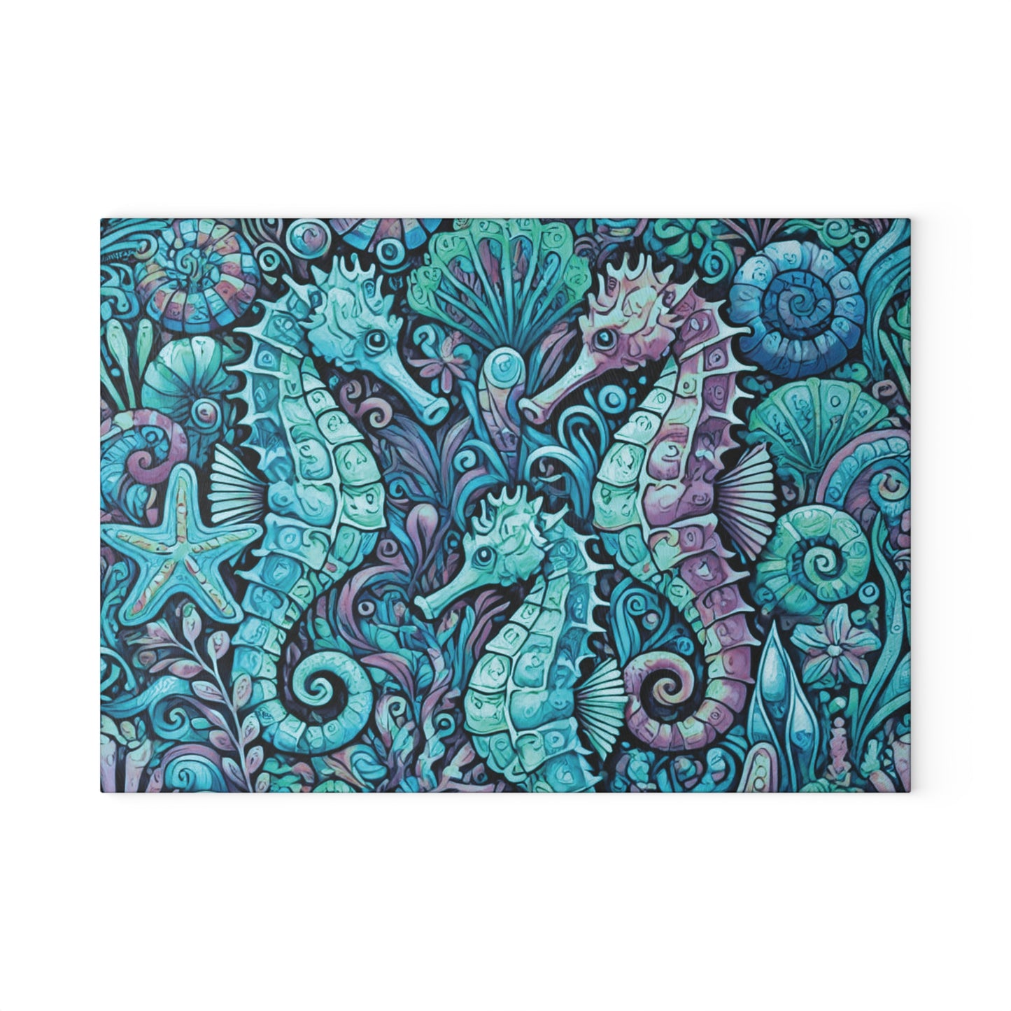 Glass Cutting Board, 2 sizes - Seahorses/Turquoise