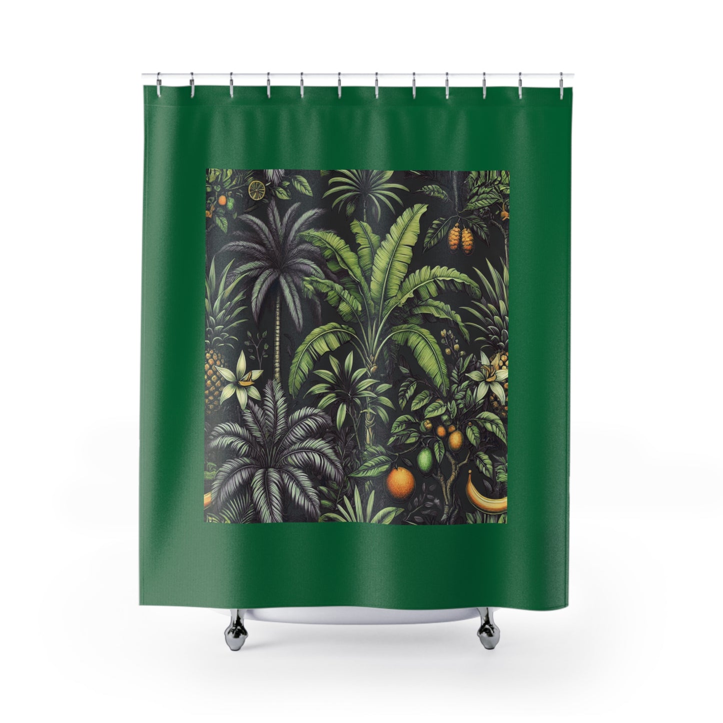 Palm Tree Shower Curtain - Ocean Bathroom Decor / Tropical Fruit, Dark Green