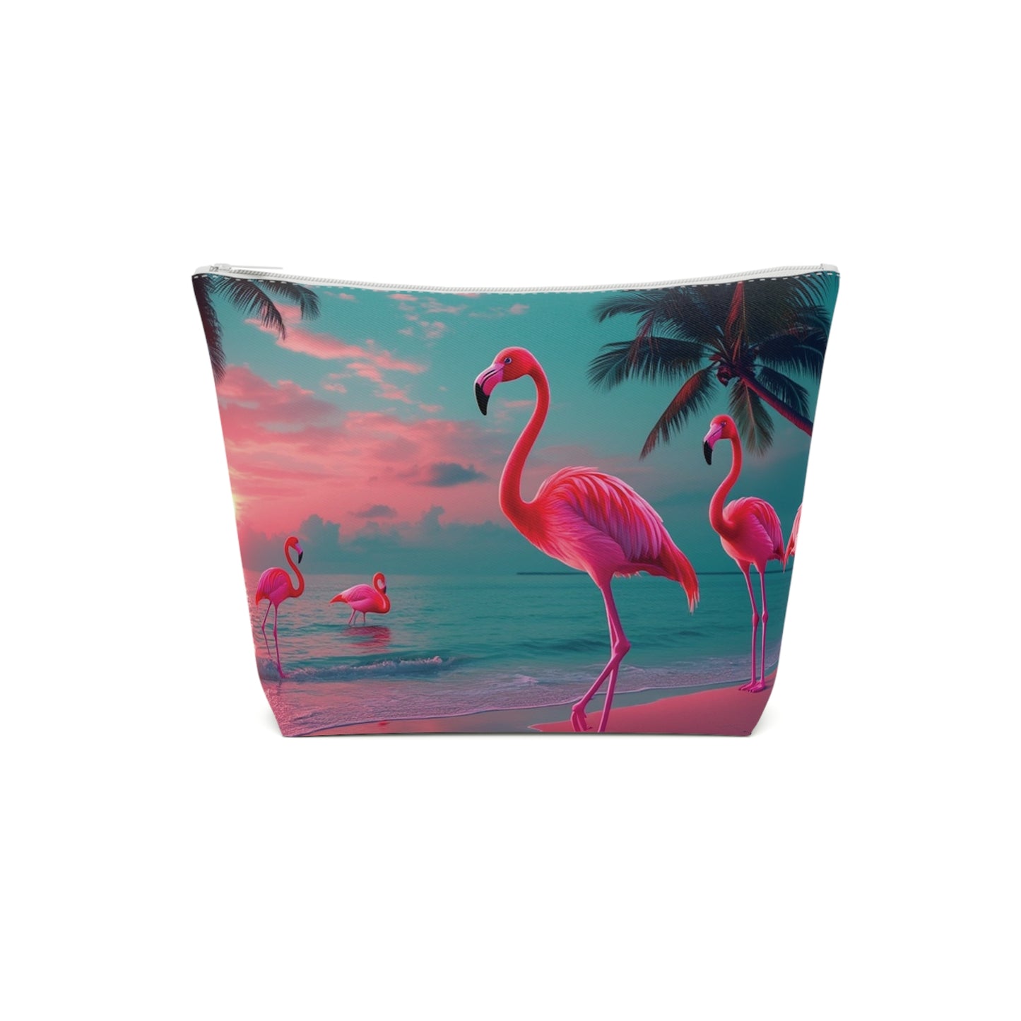 Tropical Cotton Cosmetic Bag, Makeup Pouch, 5 Sizes / Neon Flamingos at Night