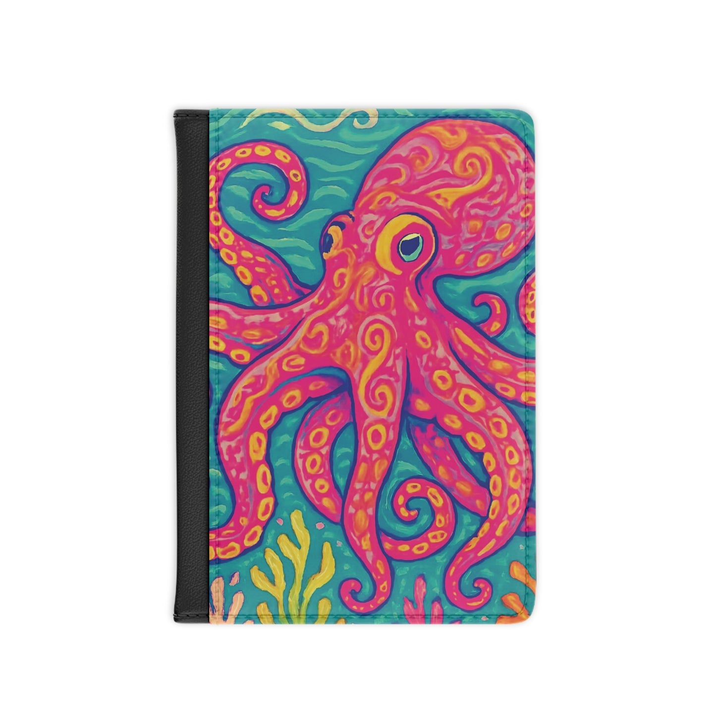 Tropical Passport Cover, Faux Leather - RFID blocking for travel security / Octopus Kraken Joe, Red