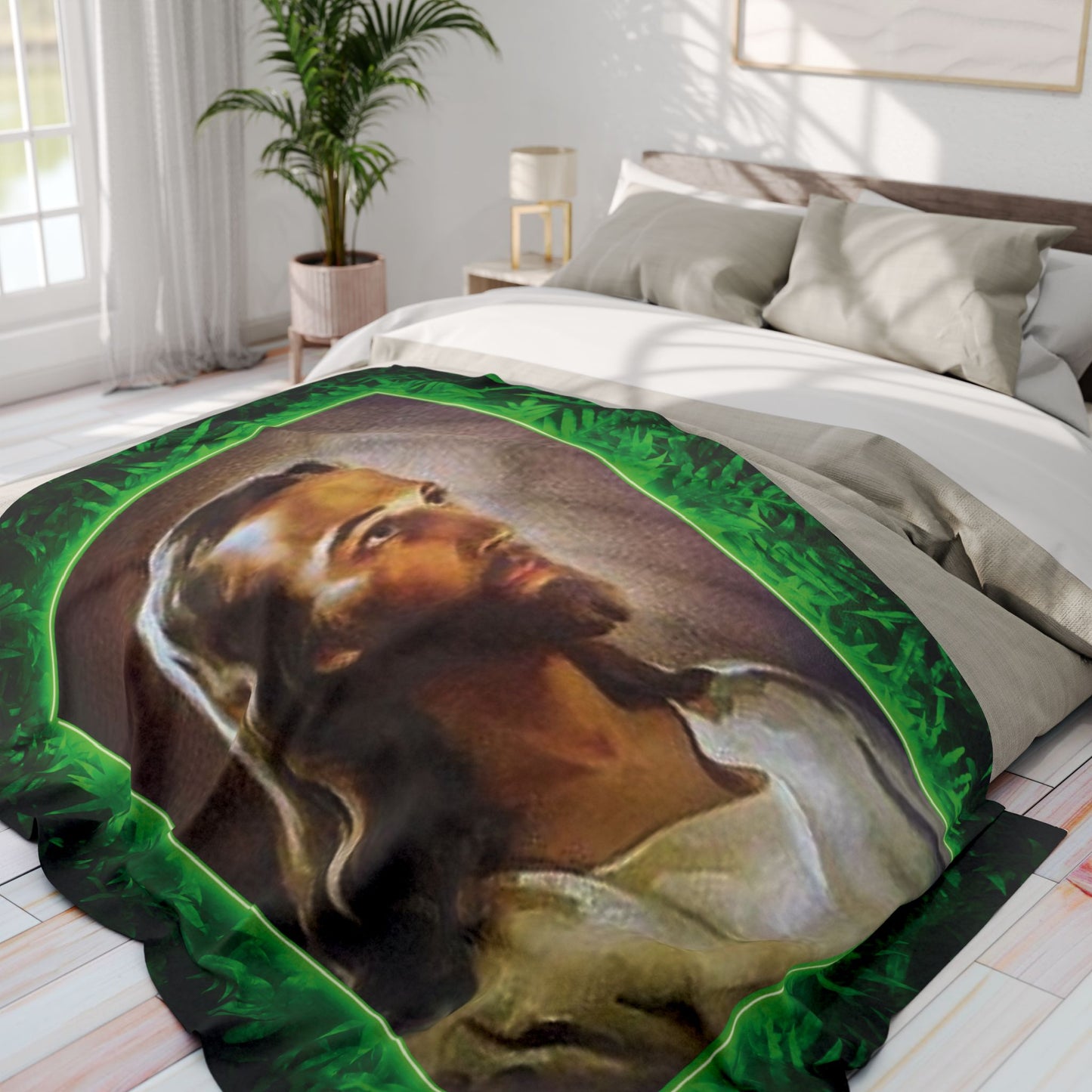 Head of Christ Religious Fleece Blanket - Colorful Tropical Glow Design