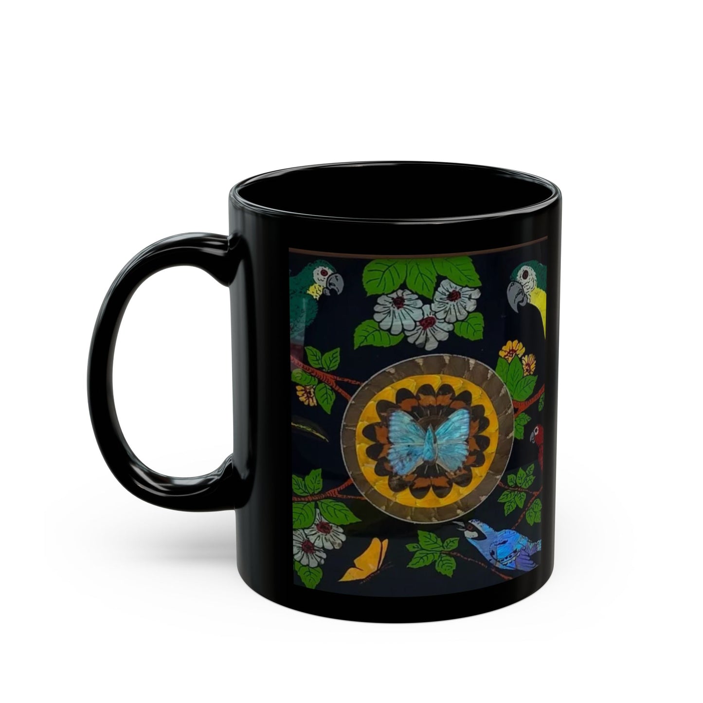 Black Mug (11oz, 15oz), Butterflies & Parrots #1