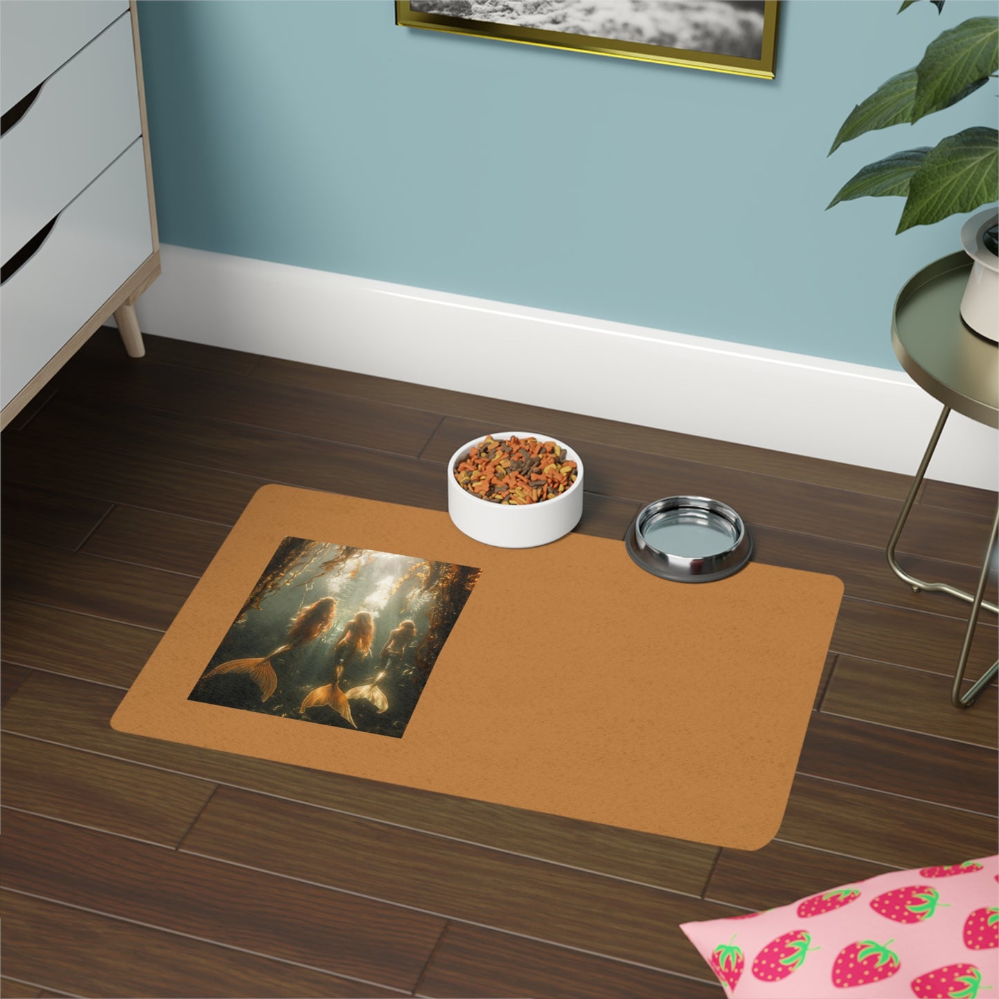 Pet Food Mat (12x18), Three Mermaid Sisters, light brown