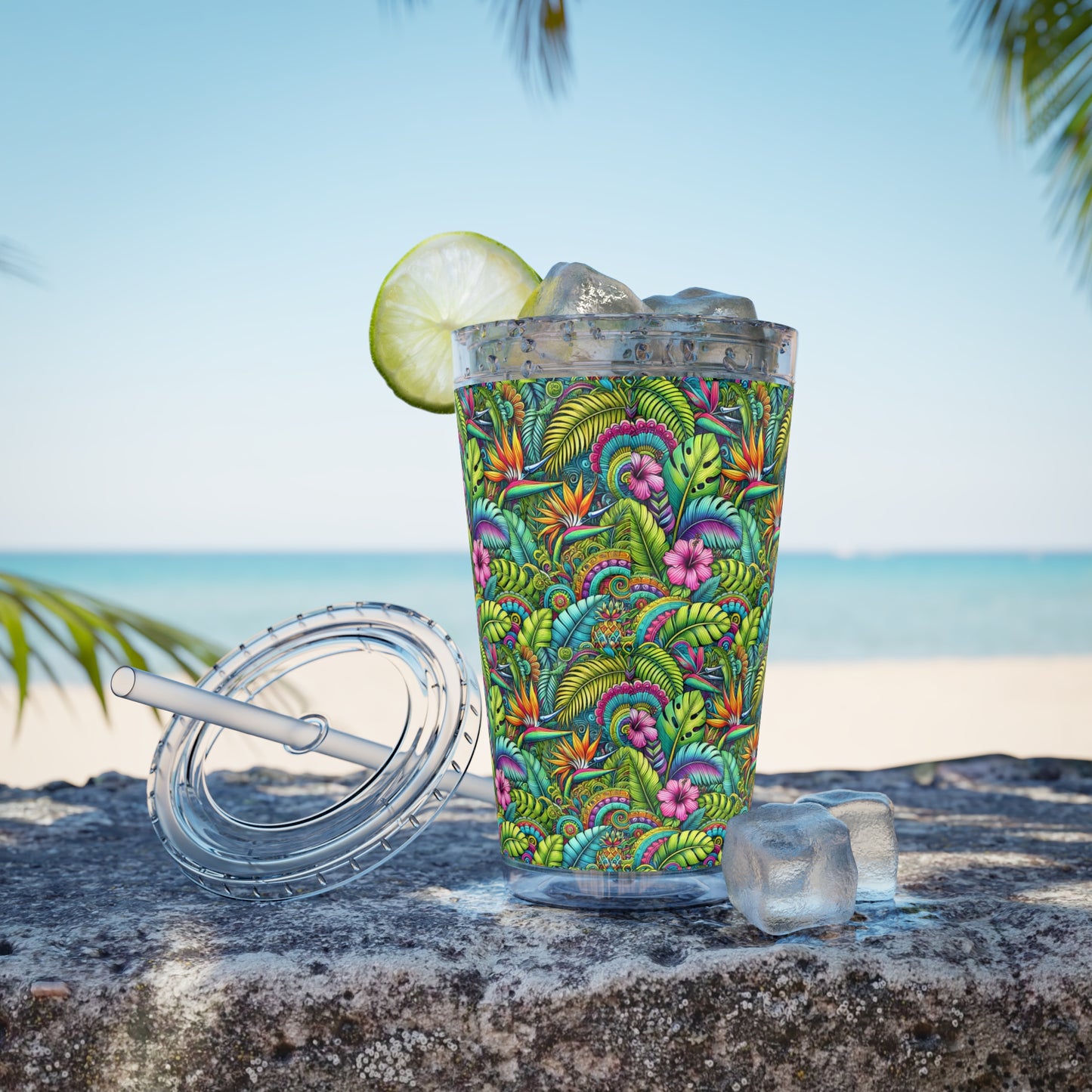 Tropical Tumbler with Straw | 16oz Colorful Travel Cup / Rainforest Blooms