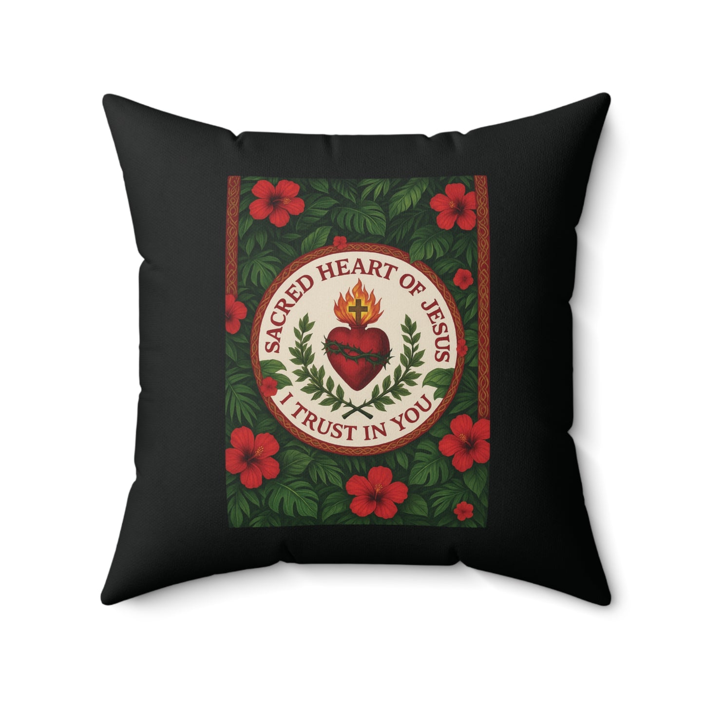 Religious Decorative Pillow - Accent Cushion, 4 Sizes / Sacred Heart of Jesus Prayer, Black