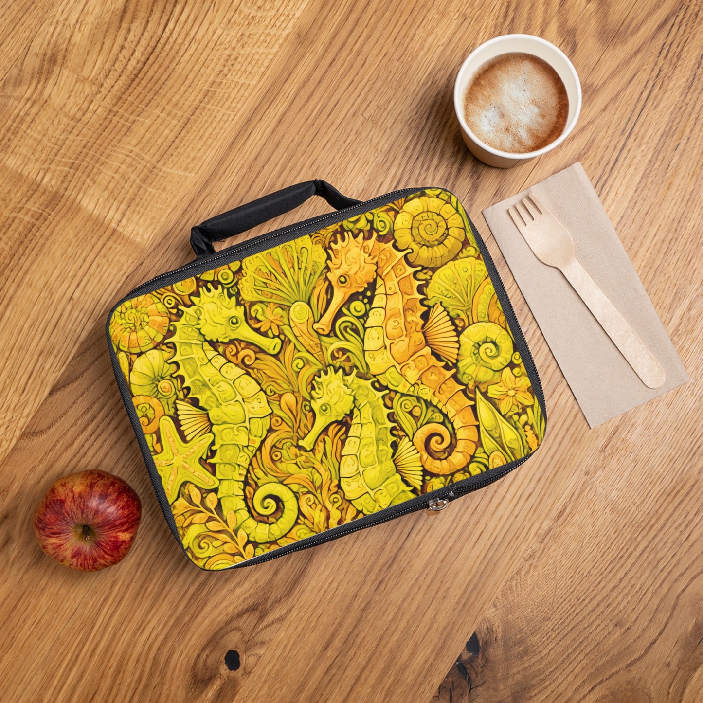Seahorse Trio/Yellow Lunch Bag - Eco-Friendly Insulated Tote, Adult and Child Lunchbox / Perfect for Picnics, Beach Outings