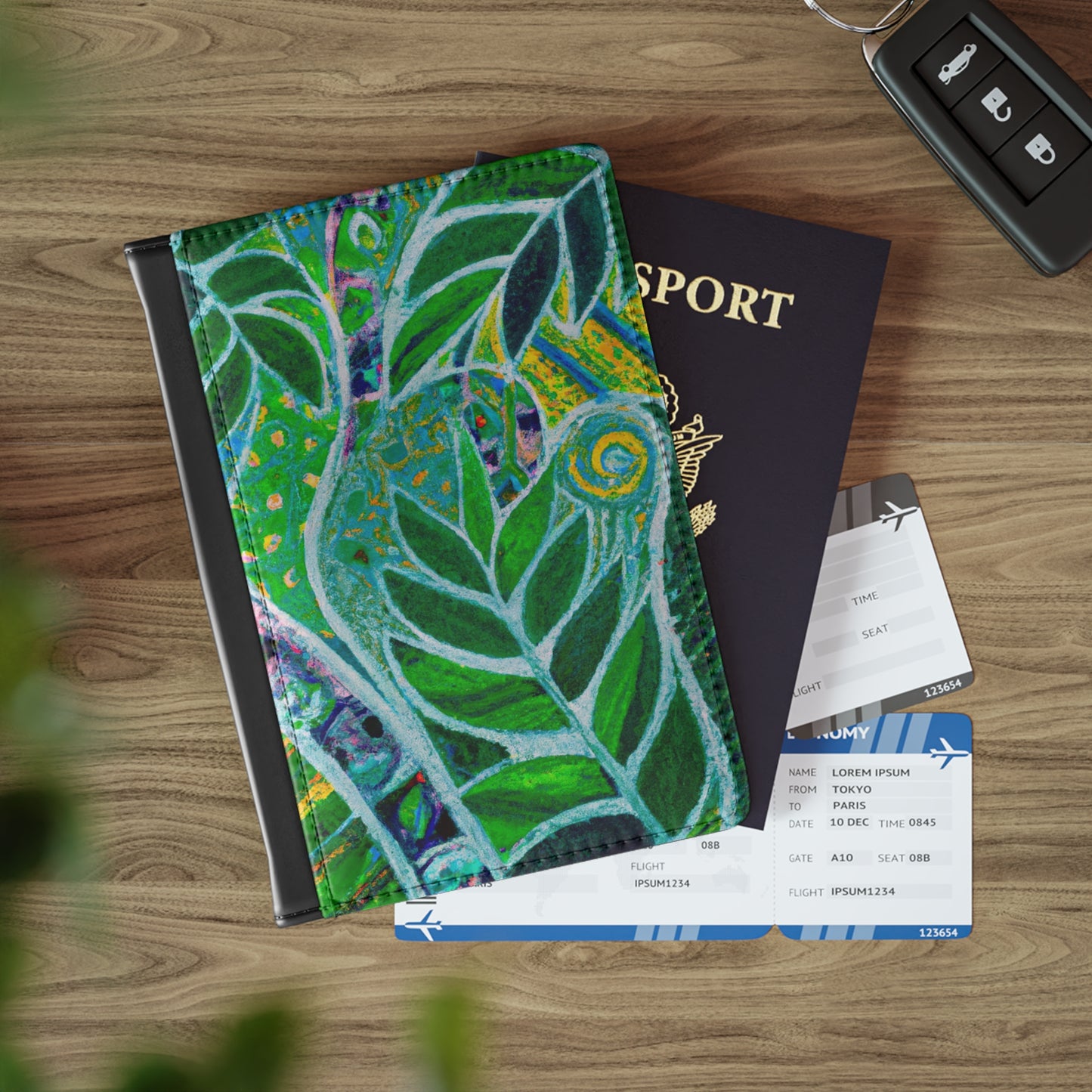 Tropical Passport Cover, Faux Leather - RFID blocking for travel security / Amaon Whimsy, Green