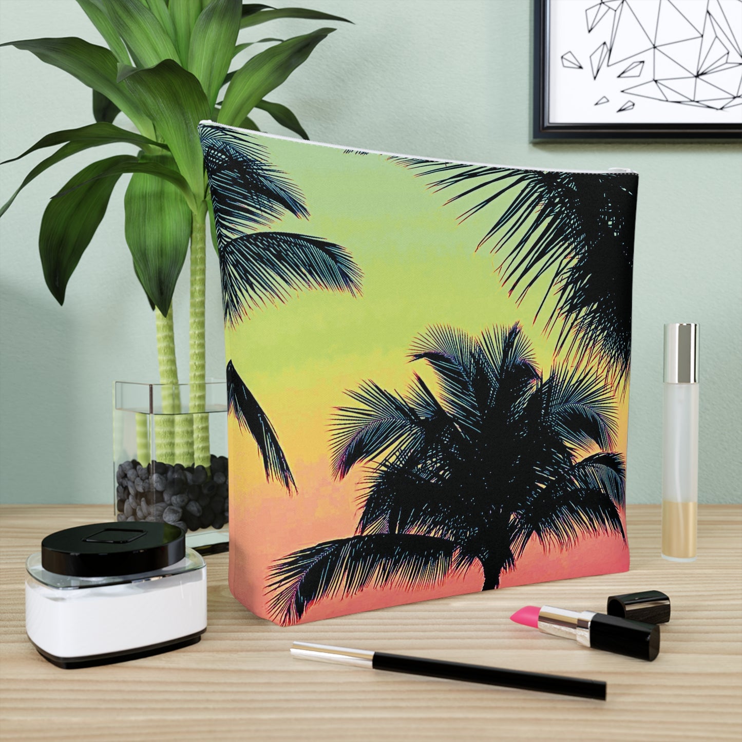 Tropical Cotton Cosmetic Bag, Makeup Pouch, 5 Sizes / Palm Glow, Sangria