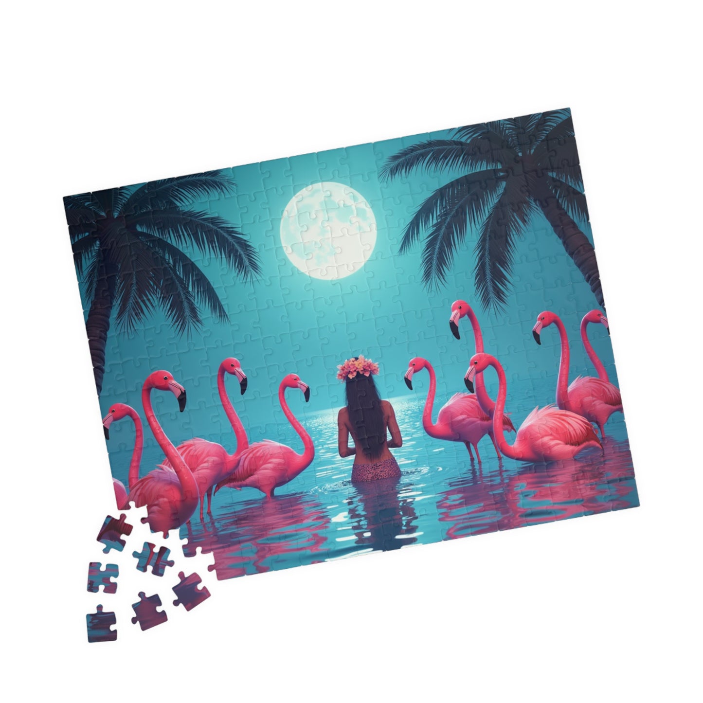 Moonlit Mermaid and Flamingos Troical Puzzle, 4 Sizes - Relaxing Jigsaw for Island Vibes