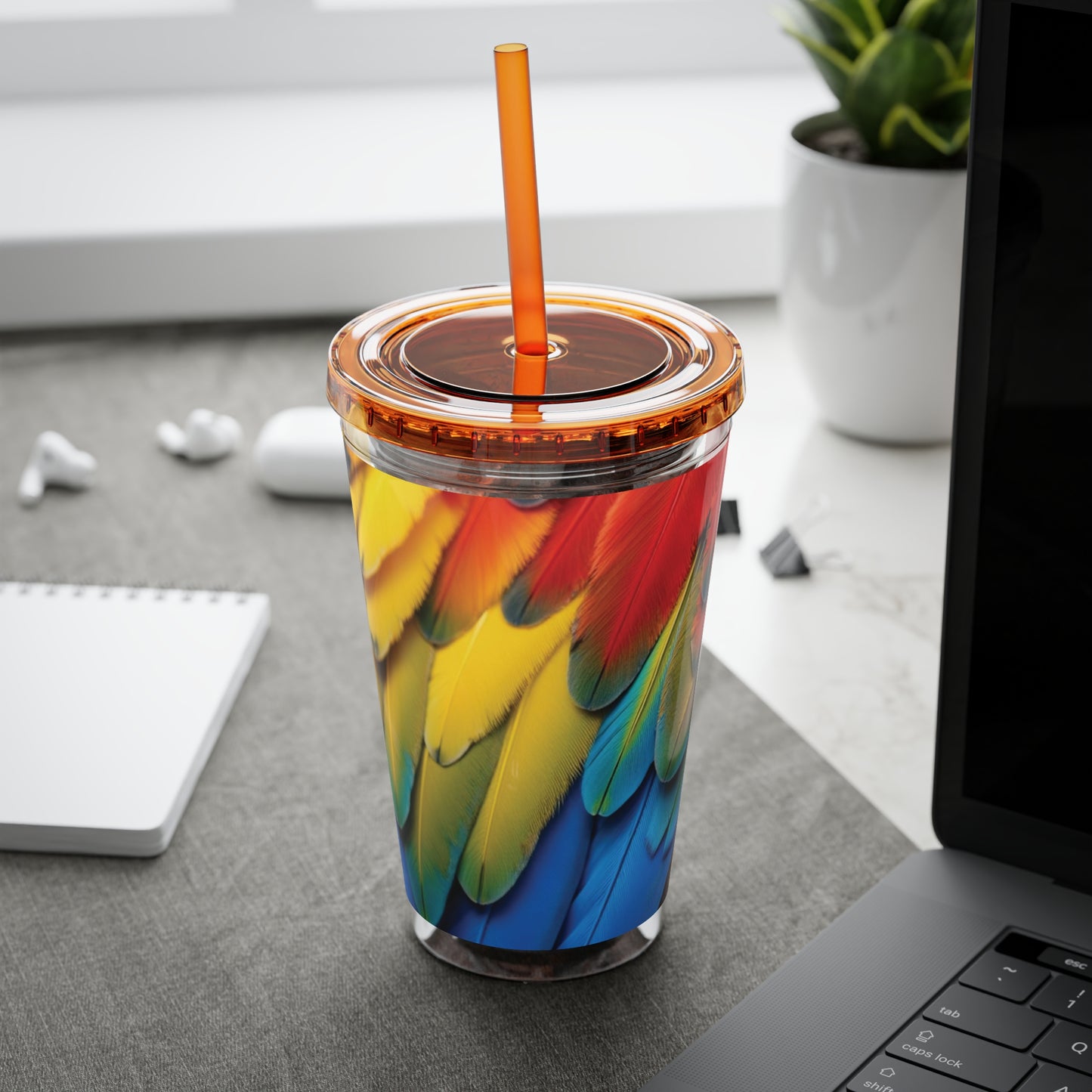 Tropical Tumbler with Straw | 16oz Colorful Travel Cup / Parrot Macaw Feathers