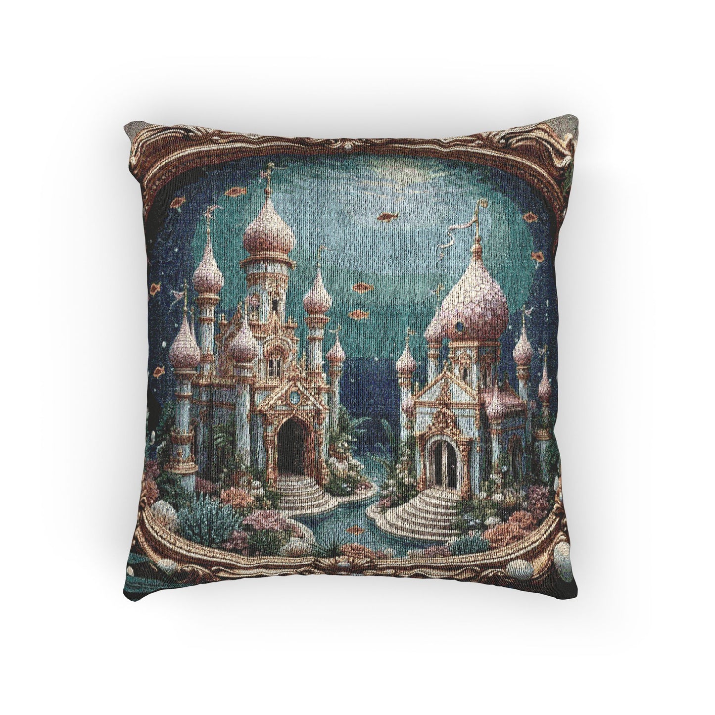 Woven Pillow, 17"W x 18"L - Framed Mermaid Palace, Caribbean Sea