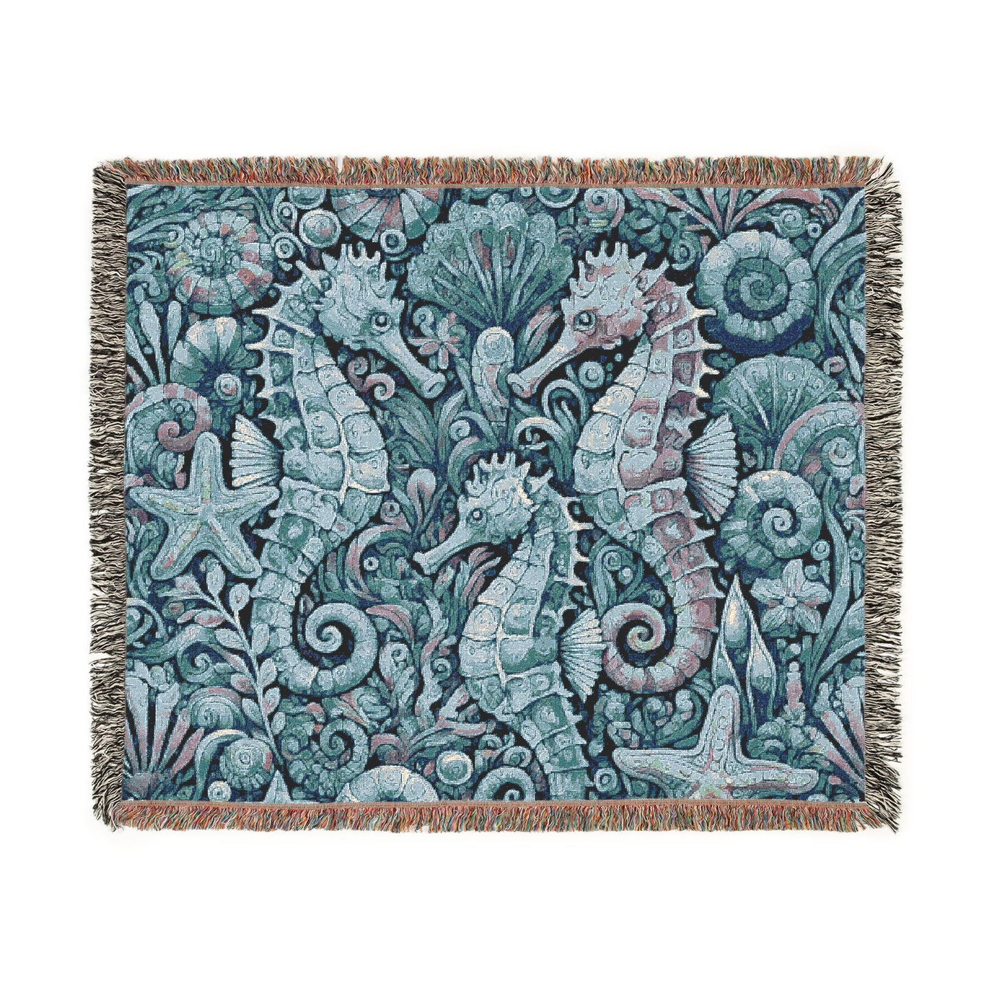 Woven Blanket, 3 Sizes - Tropical Home Decor / Seahorse Trio, Blue