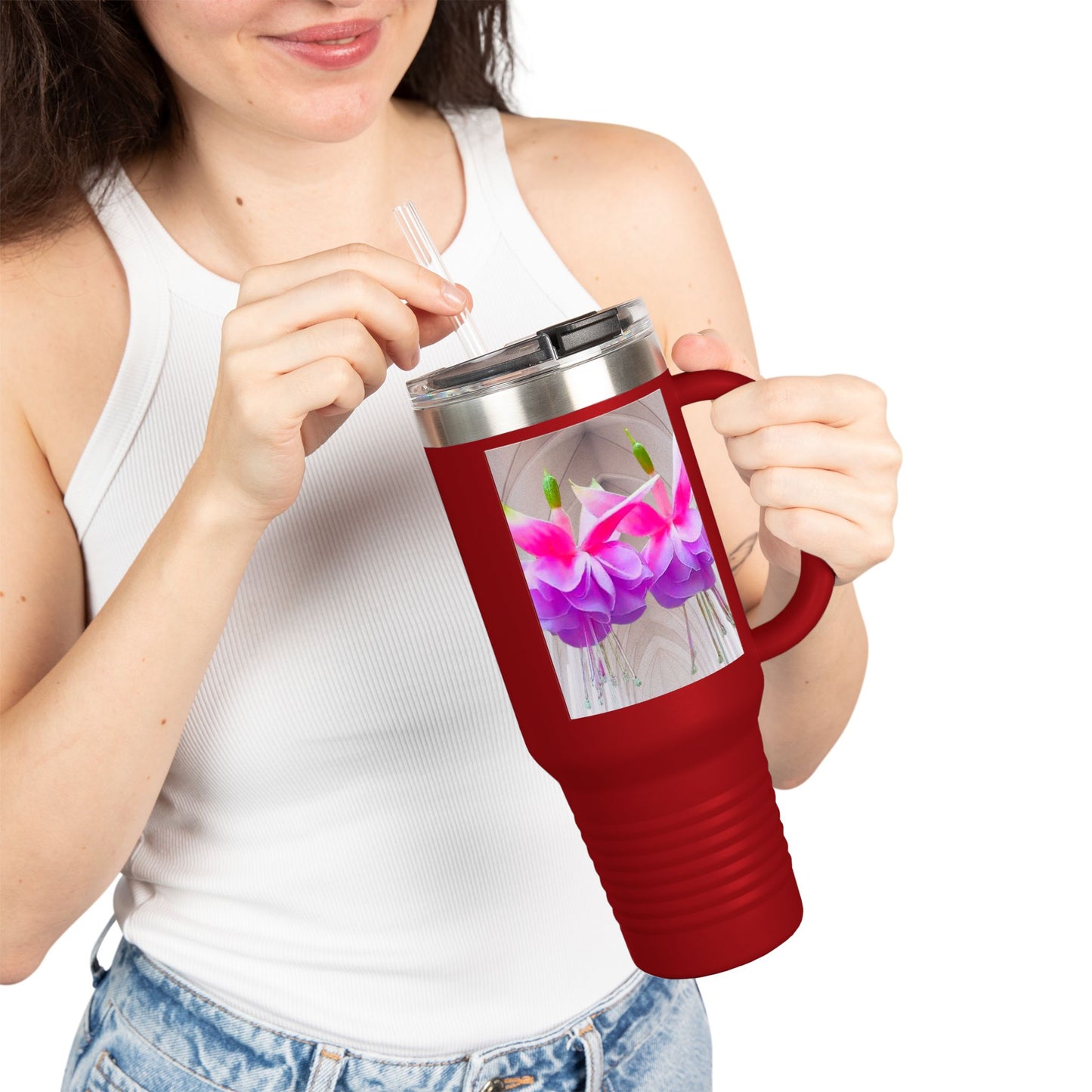 Insulated Travel Mug, 40oz / Floral Two Fuchsias, Gothic - Perfect for Outdoor Adventures
