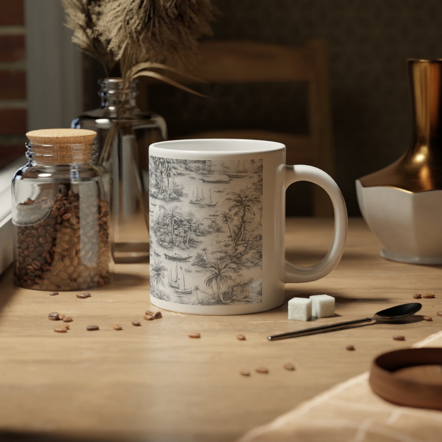 Jumbo Mug, 20oz, Tropical Toile, Soft Black | Tropical Coffee Cup, Gift for Coastal Lovers