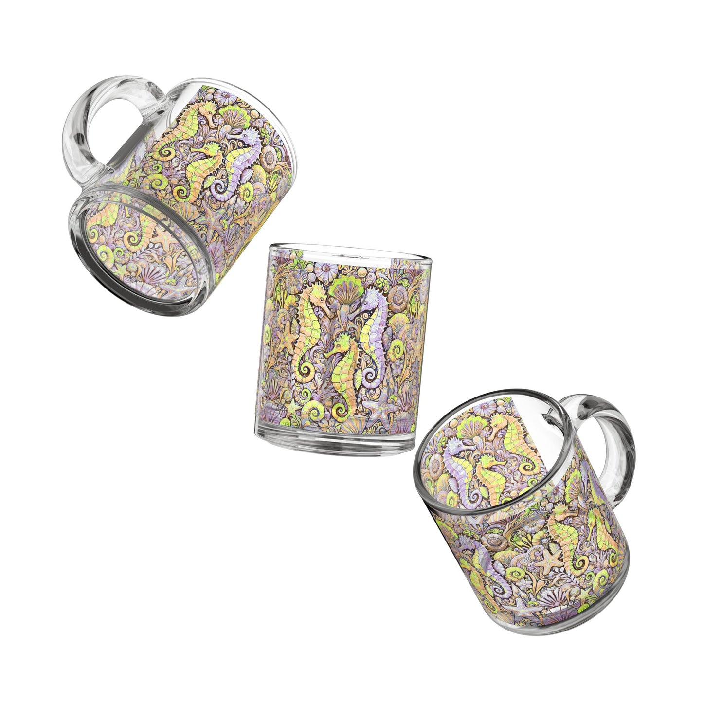 Tropical Glass Mug - 10oz Coffee Cup / Seahorses, Purple