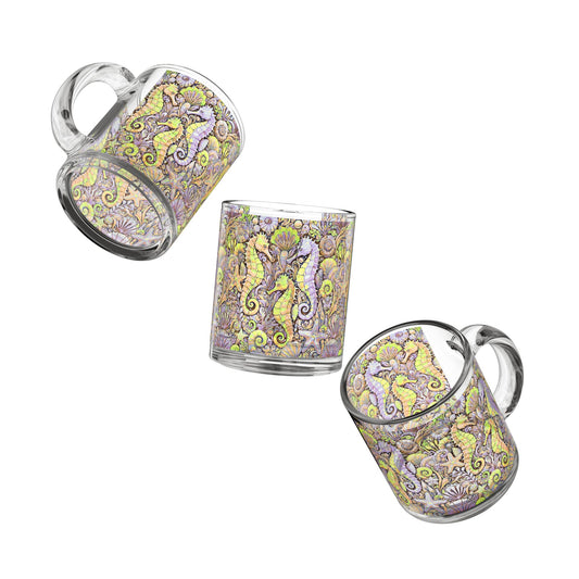 Tropical Glass Mug - 10oz Coffee Cup / Seahorses, Purple