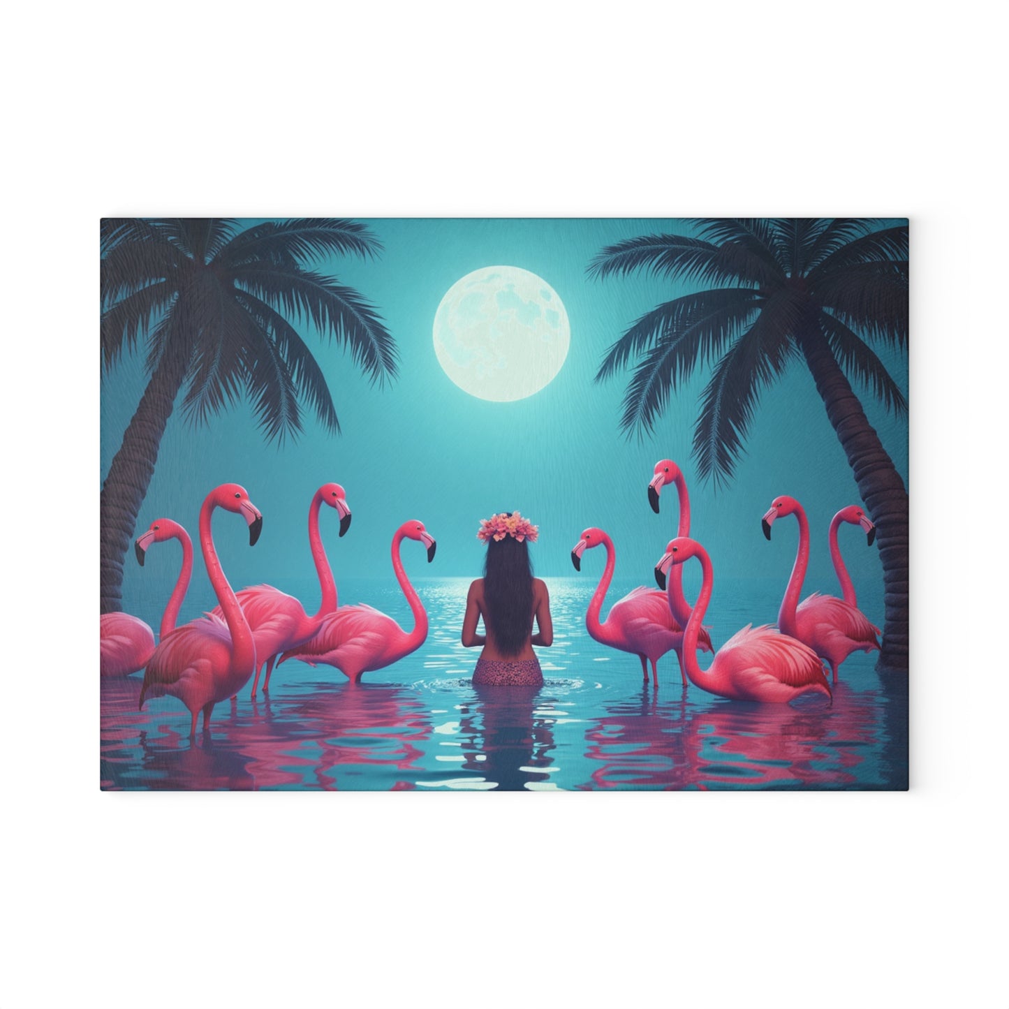 Glass Cutting Board, 2 sizes - Moonlit Mermaid and Flamingos