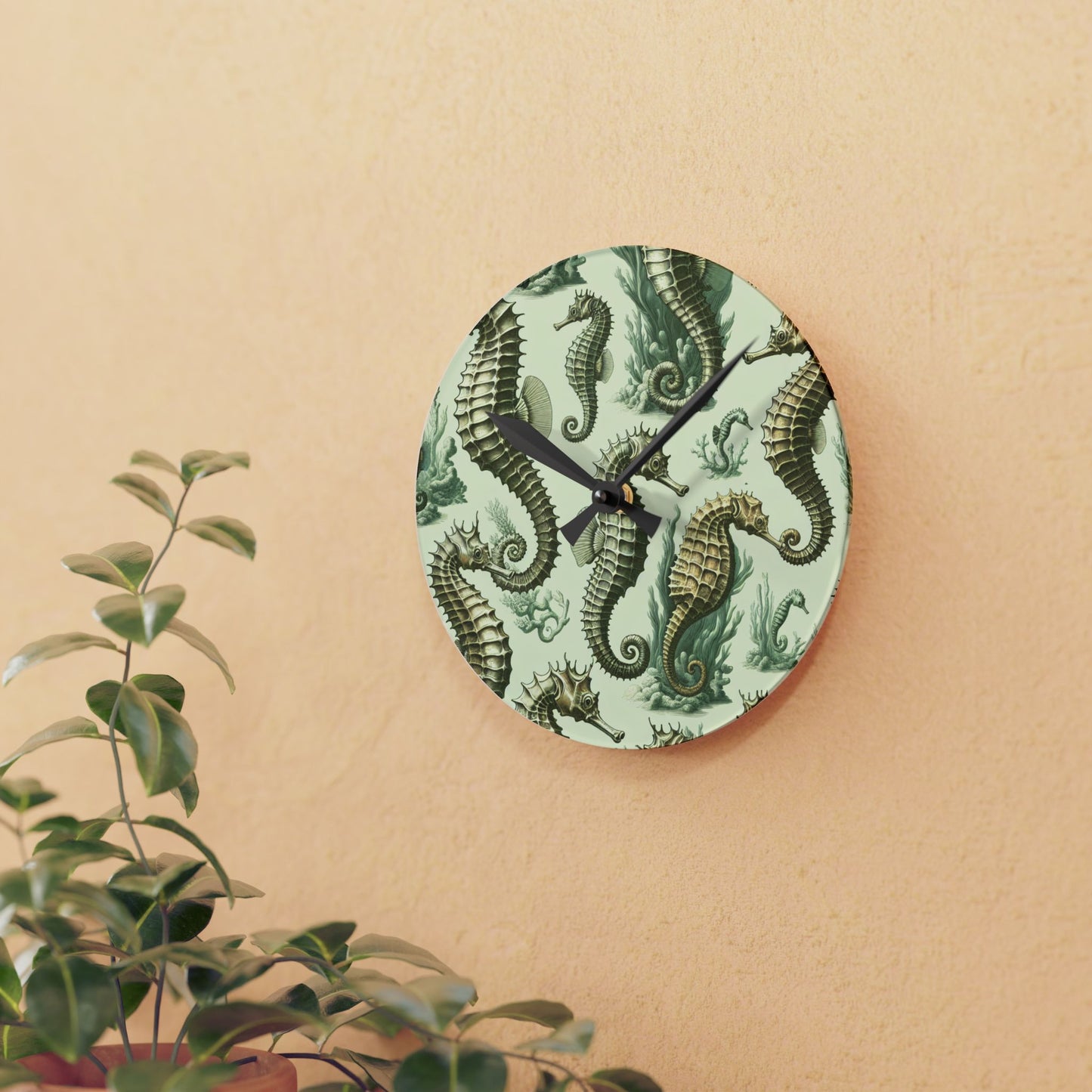 Acrylic Wall Clock, Green Toile Seahorses
