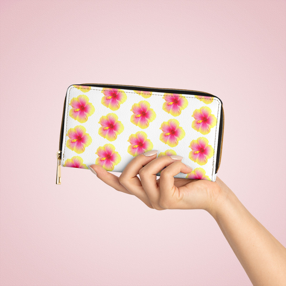 Tropical Zipper Wallet, Faux Leather / Vibrant Clutch / Micro Sunset Hibiscus, White