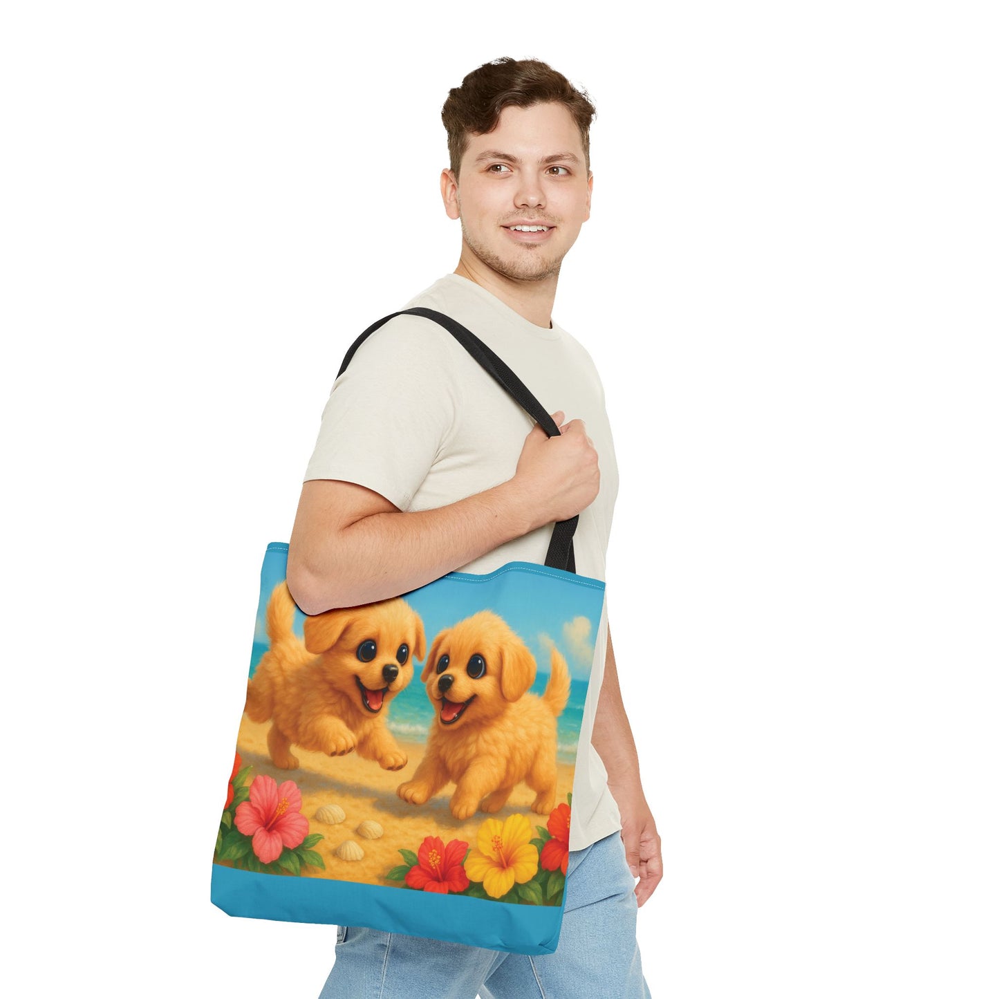 Two Puppies on Beach Tote Bag - 3 Sizes
