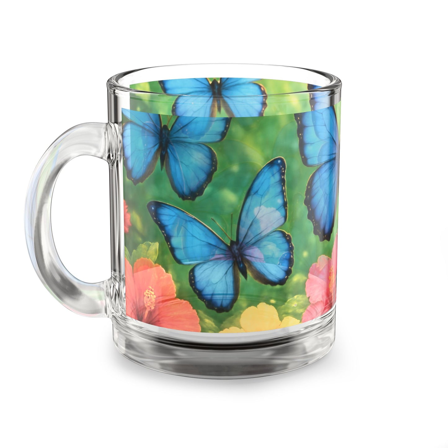 Tropical Glass Mug - 10oz Coffee Cup / Morpho Butterflies Flight