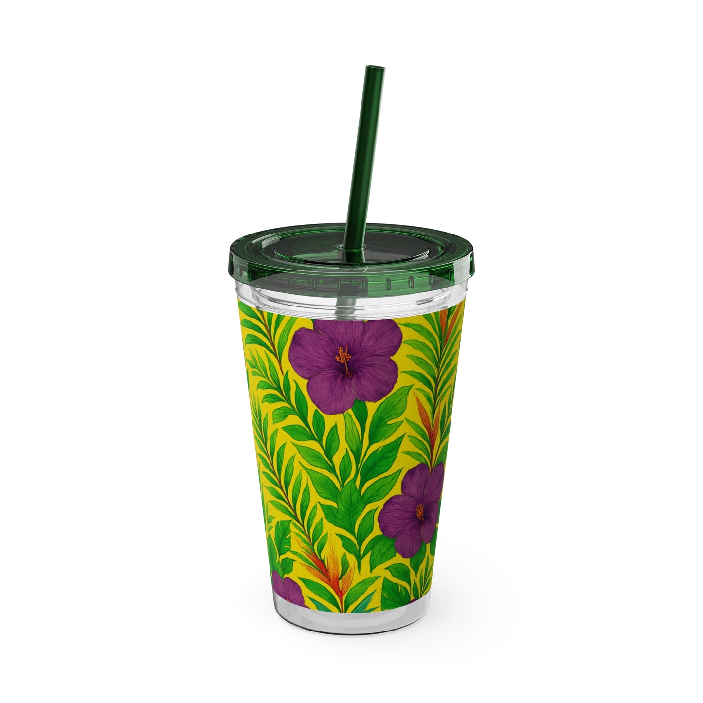 Tropical Tumbler with Straw | 16oz Colorful Travel Cup / Midnight Flower Yellow