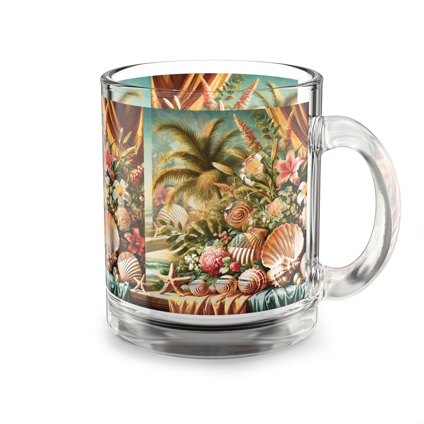 Tropical Glass Mug - 10oz Coffee Cup / Shell and Flower Tablescape