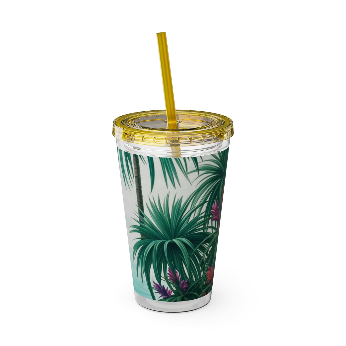 Tropical Tumbler with Straw | 16oz Colorful Travel Cup / Tiny Palm Island