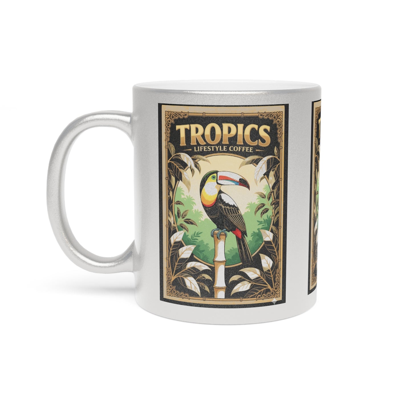Tropical Metallic Mug, Gold or Silver: Our Coffee Brand, Pearl Parrot Poster