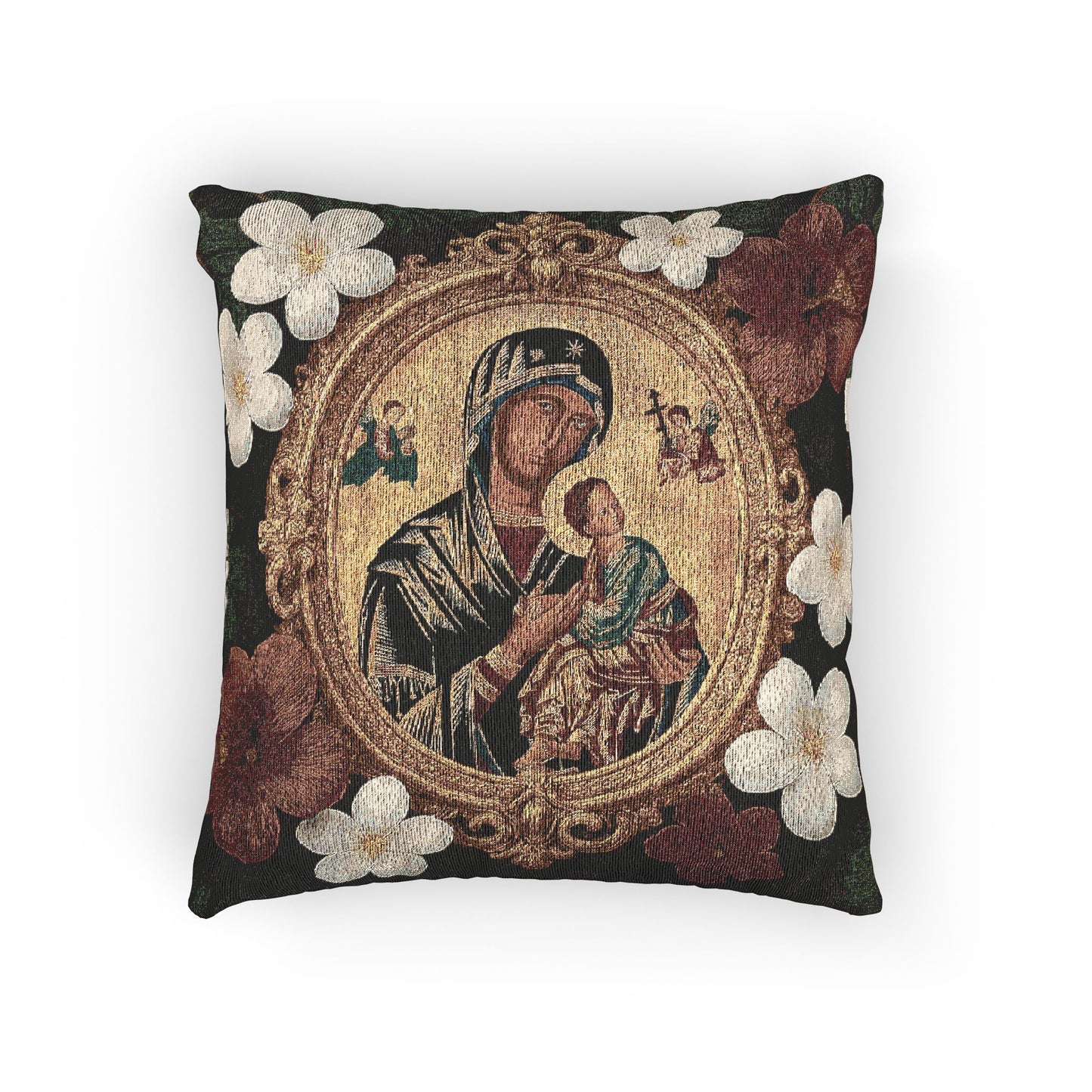 Religious Woven Pillow, 17"W x 18"L - Floral Maria and Child Design