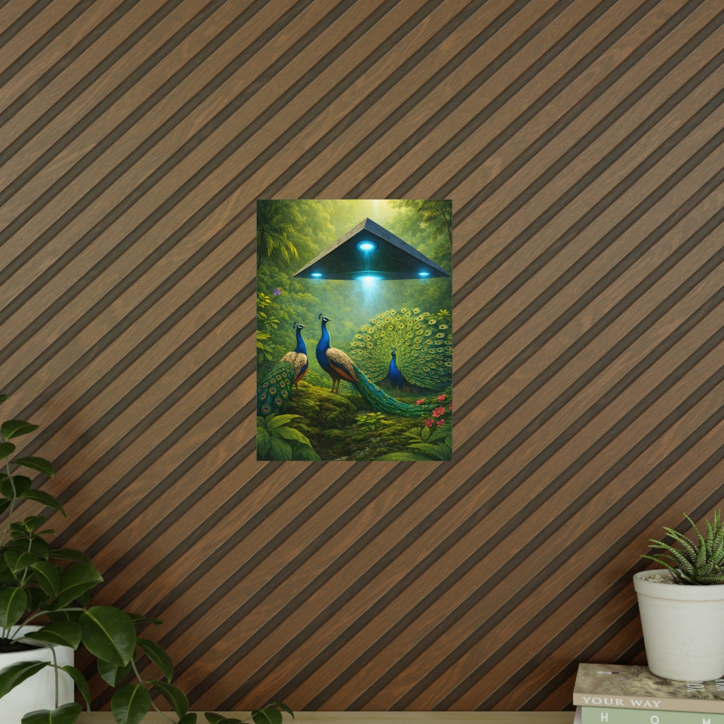 Photopaper Poster — UFO & Peacocks Sci‑Fi Wall Art