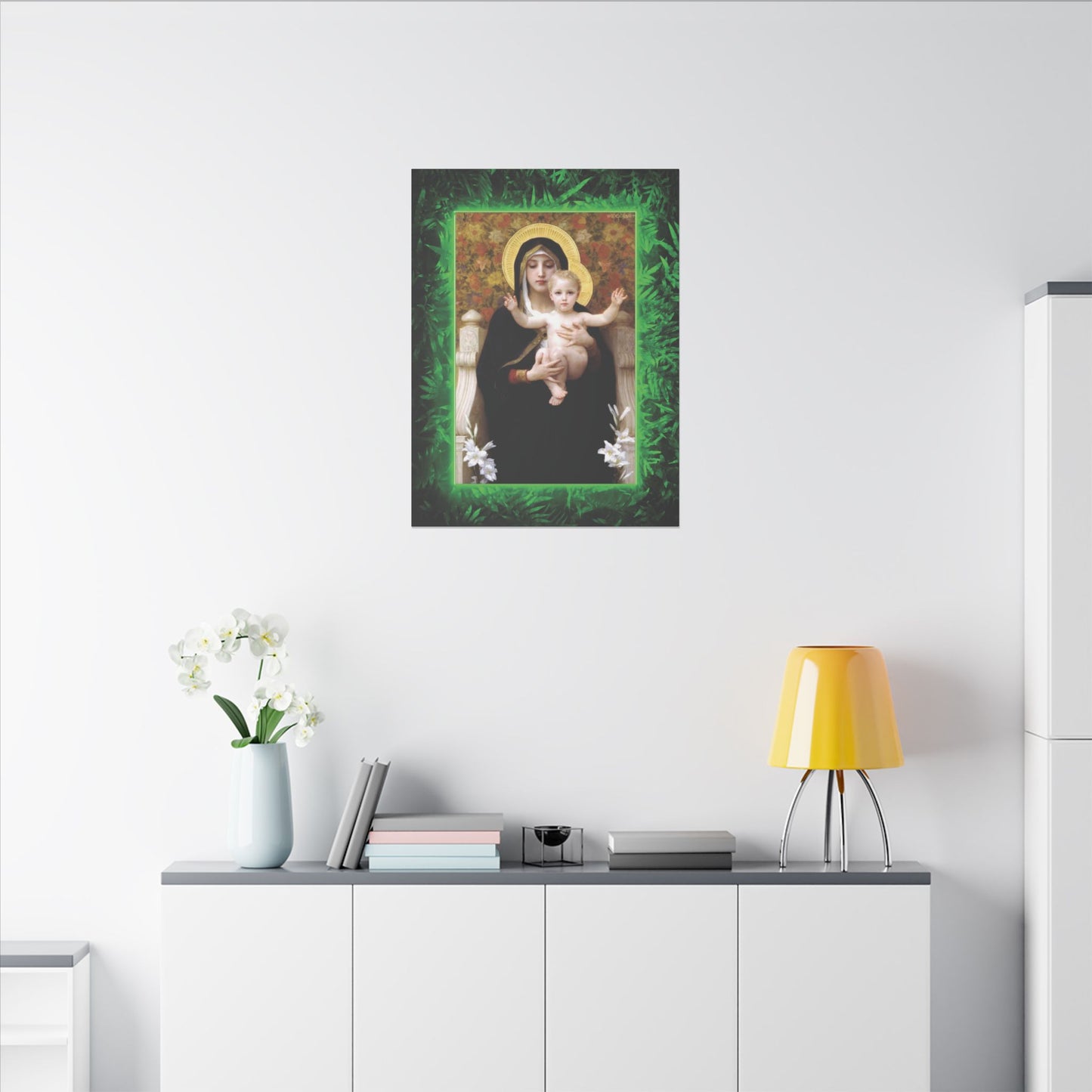 "Tropical Rainforest Madonna of Lilies" Religious Canvas Artwork - Stretched Canvas Print / Virgin Mary & Jesus