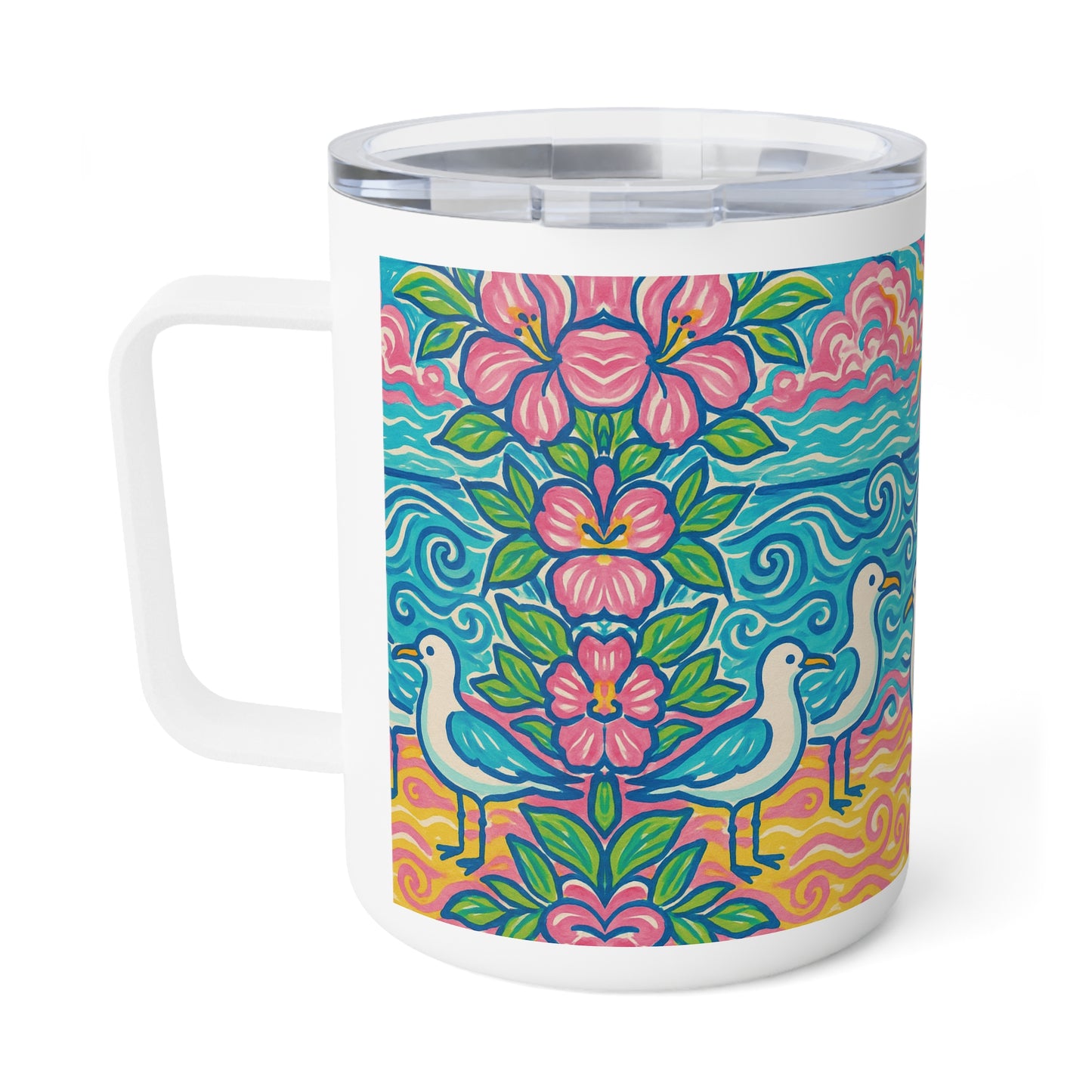 Tropical Insulated Coffee Mug, 10oz / Seagulls on the Beach